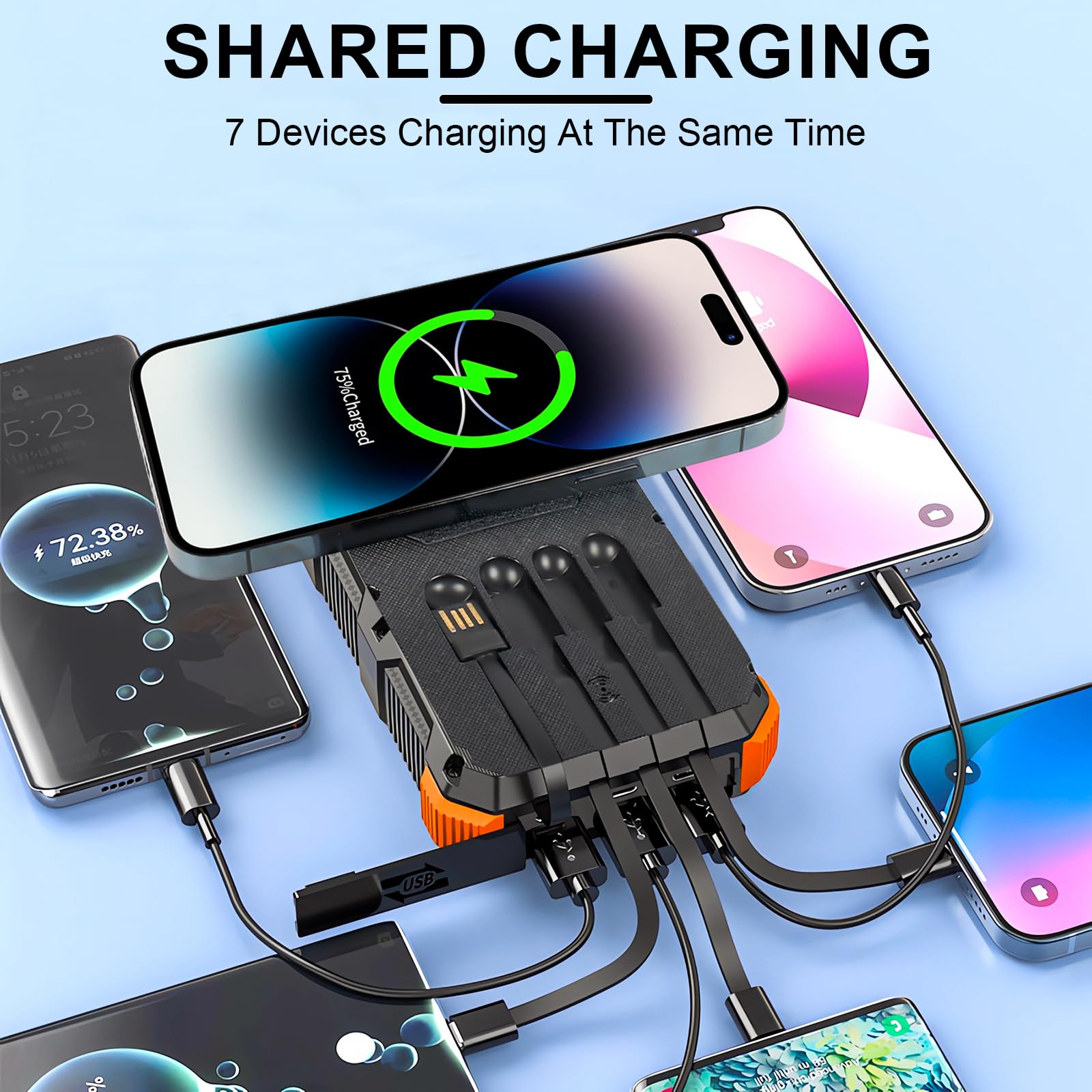 26800mAh Solar Power Bank with 15W Fast Charging & 4 Outputs - Portable External Battery for Smartphones, Tablets, Camping, Hiking & Outdoor Adventures (Orange)