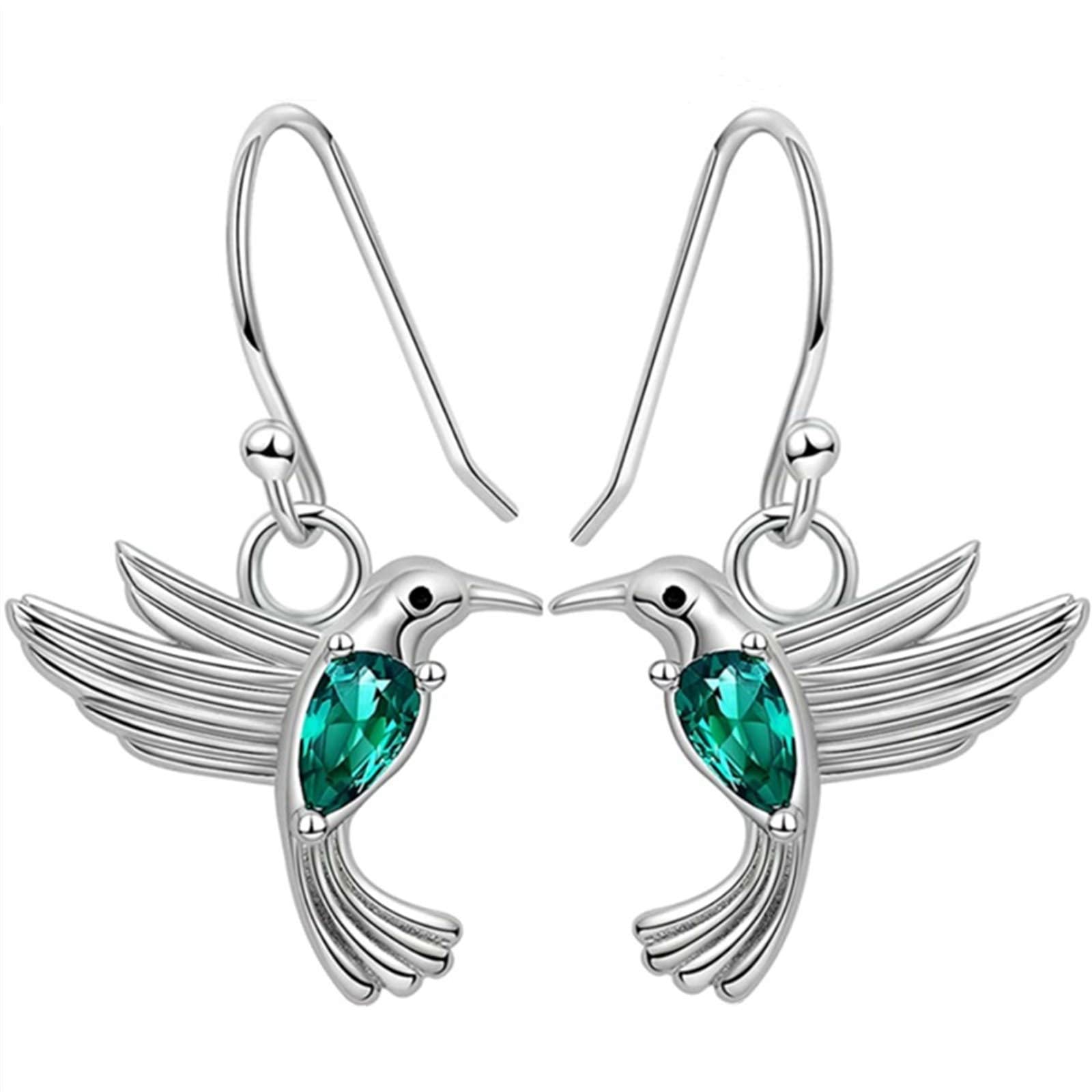 Elegant Hummingbird Dangle Earrings with Green Crystal & Silver Spinel Drop | Colorful Heart Fashion Jewelry for Women | Perfect for Parties, Weddings & Everyday Wear