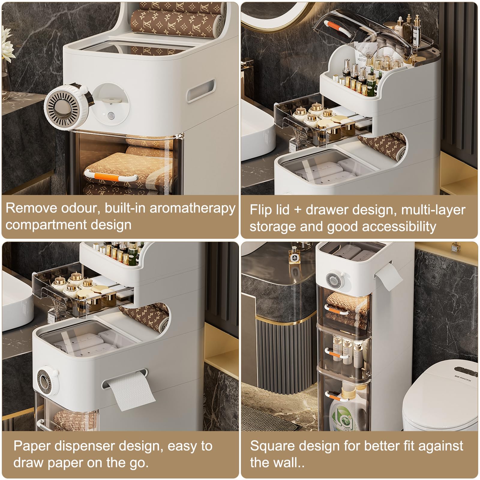 4-Tier Slim Plastic Bathroom Organizer Cabinet with Drawers - Space-Saving Narrow Toilet Paper Holder Stand for Small Bathrooms | Perfect for Apartment, RV & Compact Spaces