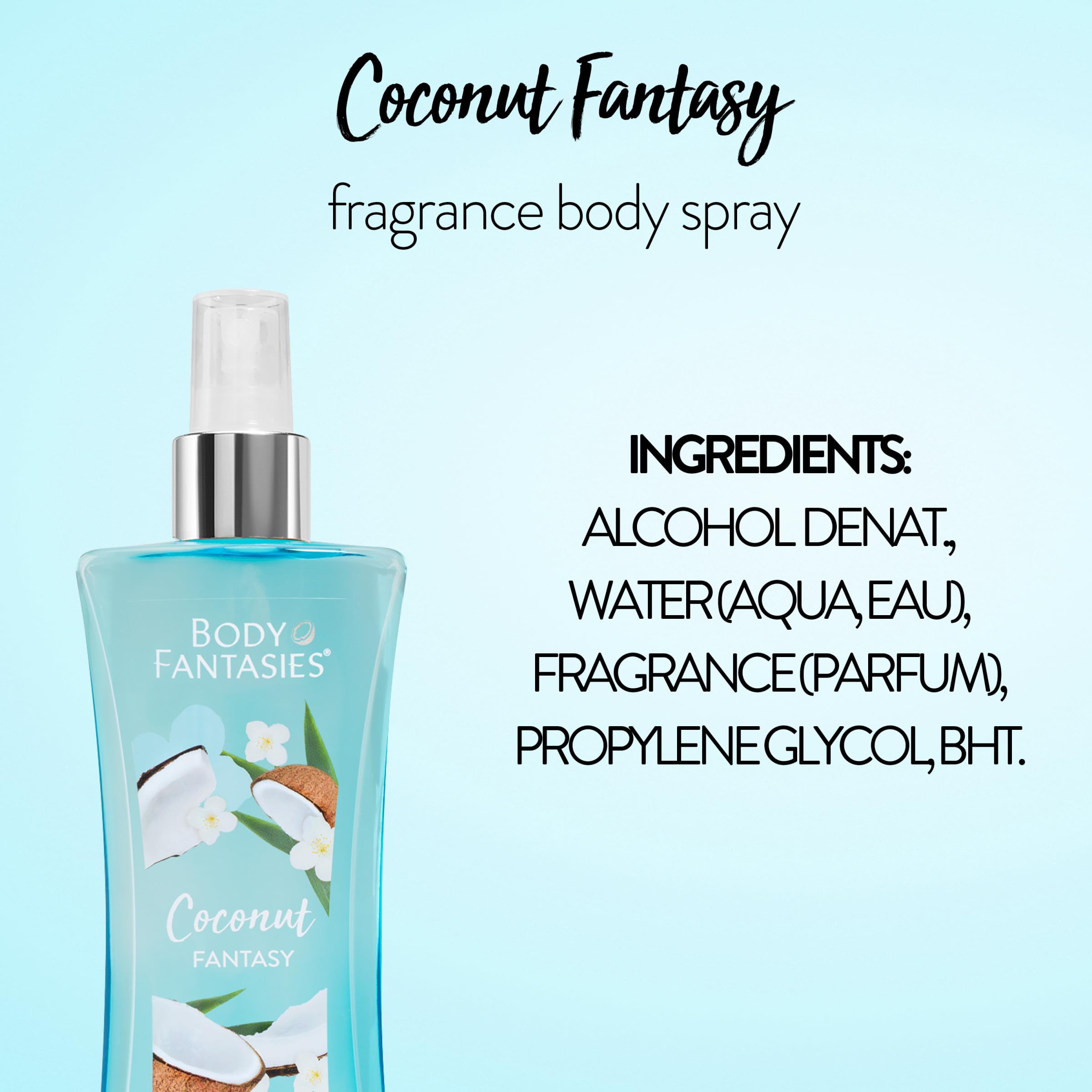 Body Fantasies Coconut Fantasy Women's Body Spray - 8 oz Floral Tropical Scent for Daily Wear, Summer & Beach Vacation