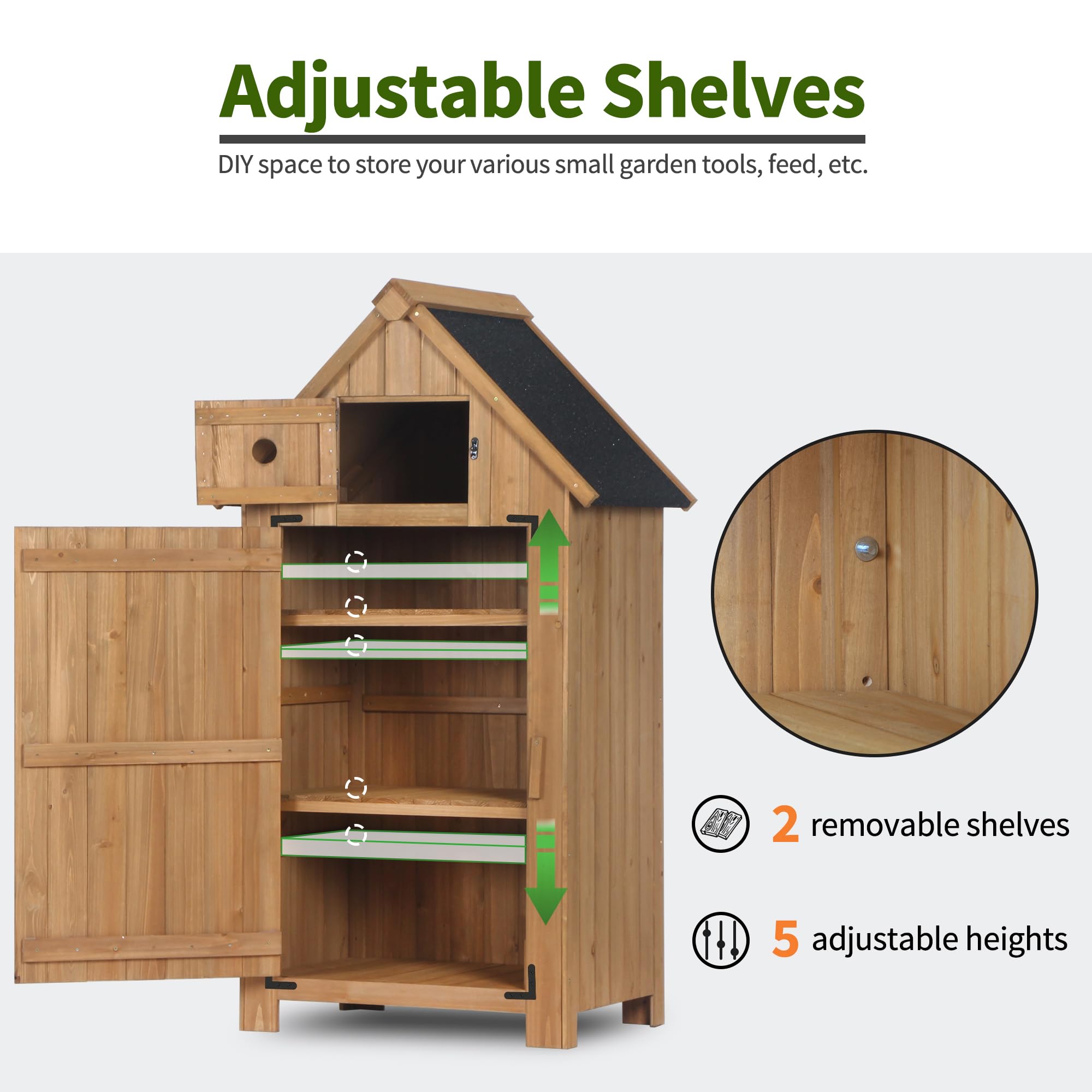MCombo Outdoor Storage Cabinet - Small Wooden Garden Tool Shed with 2 Removable Shelves & Floor for Patio, Yard, Lawn - Weatherproof Beige Storage Solution for Gardening Tools & Outdoor Equipment