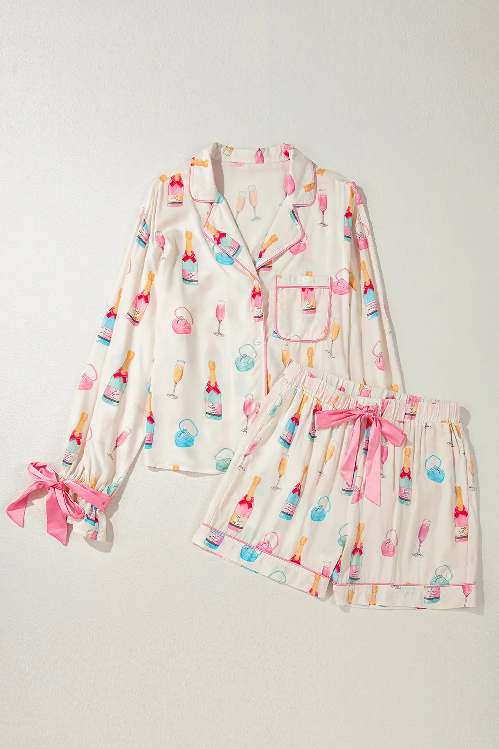 Bow Print Collared Neck Top & Drawstring Shorts Lounge Set - Women's Comfortable Summer Pajama Outfit for Home, Vacation & Relaxation