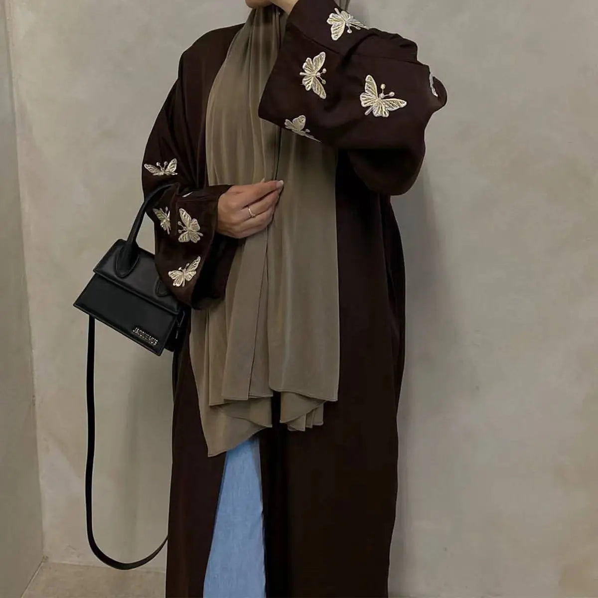 Elegant Butterfly Embroidery Cardigan Open Abaya Dress - Flowy Muslim Kaftan Cover Up for Women, Perfect for Prayer, Mosque, and Special Occasions