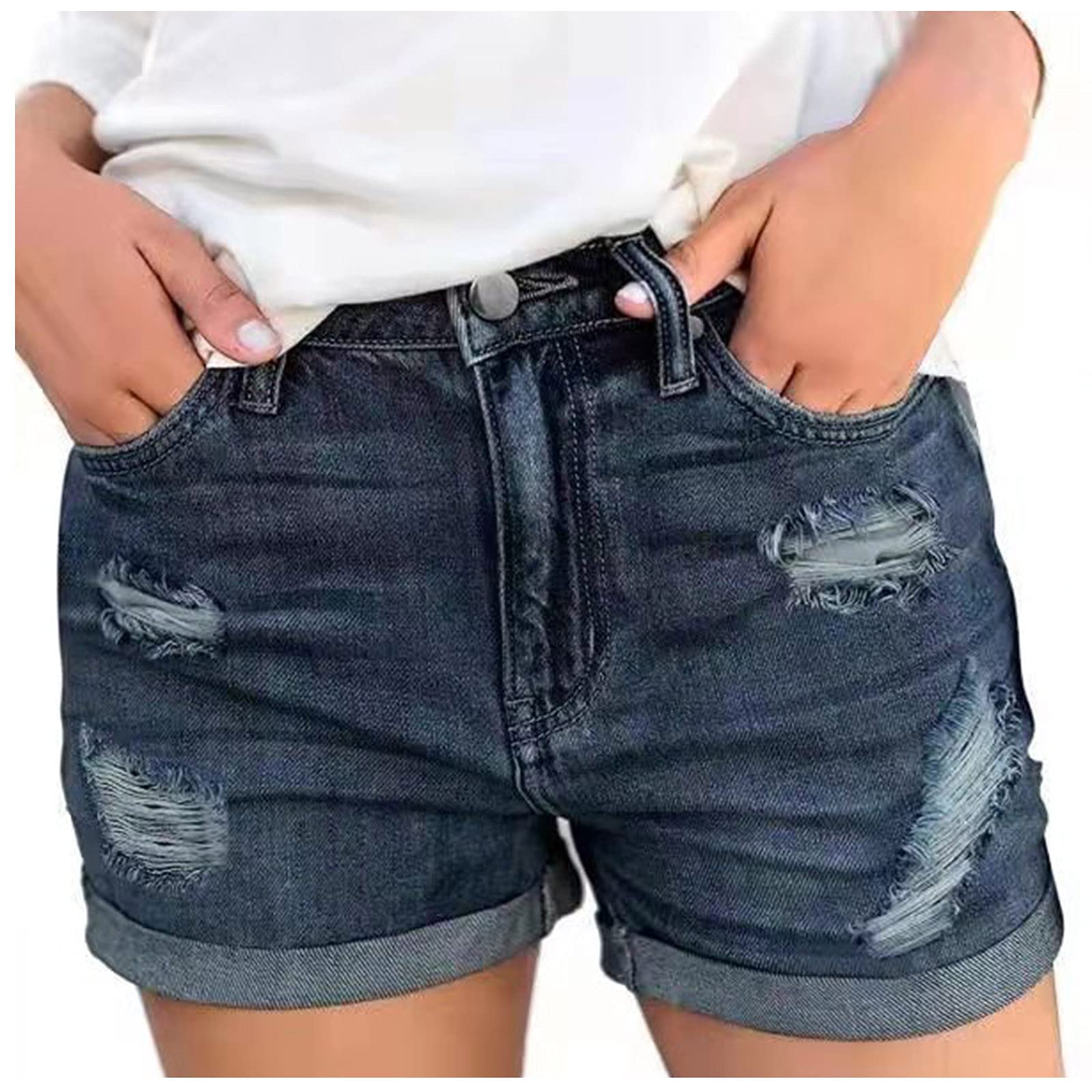 Ceimmol Women's High Waist Ripped Denim Shorts - Stretchy Sexy Casual Lounge Shorts with Rolled Hem & Distressed Details | Perfect for Summer Outfits, Beach Vacations & Casual Wear