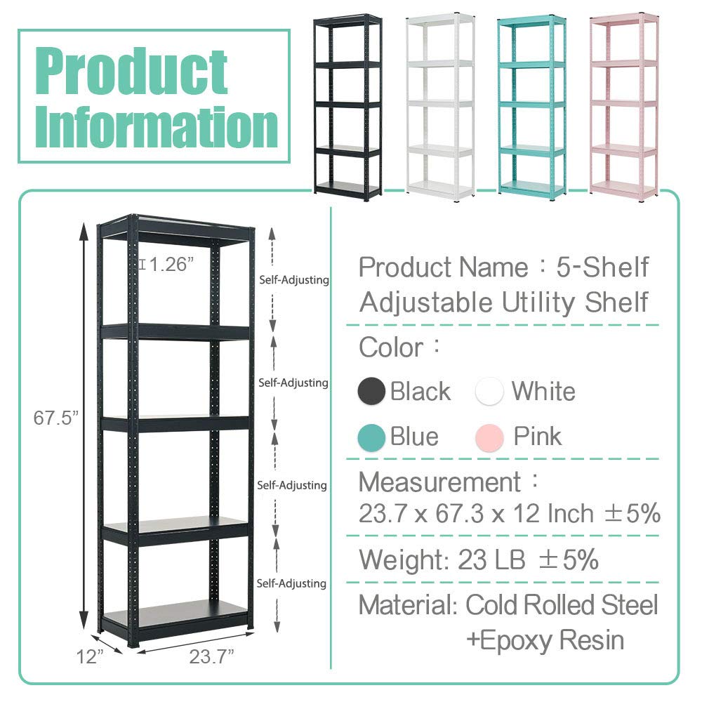 Lomani 5-Shelf Adjustable Utility Shelf Storage Rack - Heavy Duty Metal Organizer for Garage, Kitchen, Bathroom & Office - White - Perfect for Home Organization and Space Saving