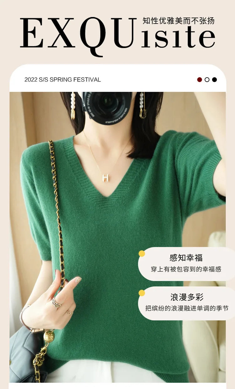Solid Color V-Neck Half-Sleeve Cashmere Sweater for Women - Soft Thin Knit Casual Top for Office Wear & Fall Layering