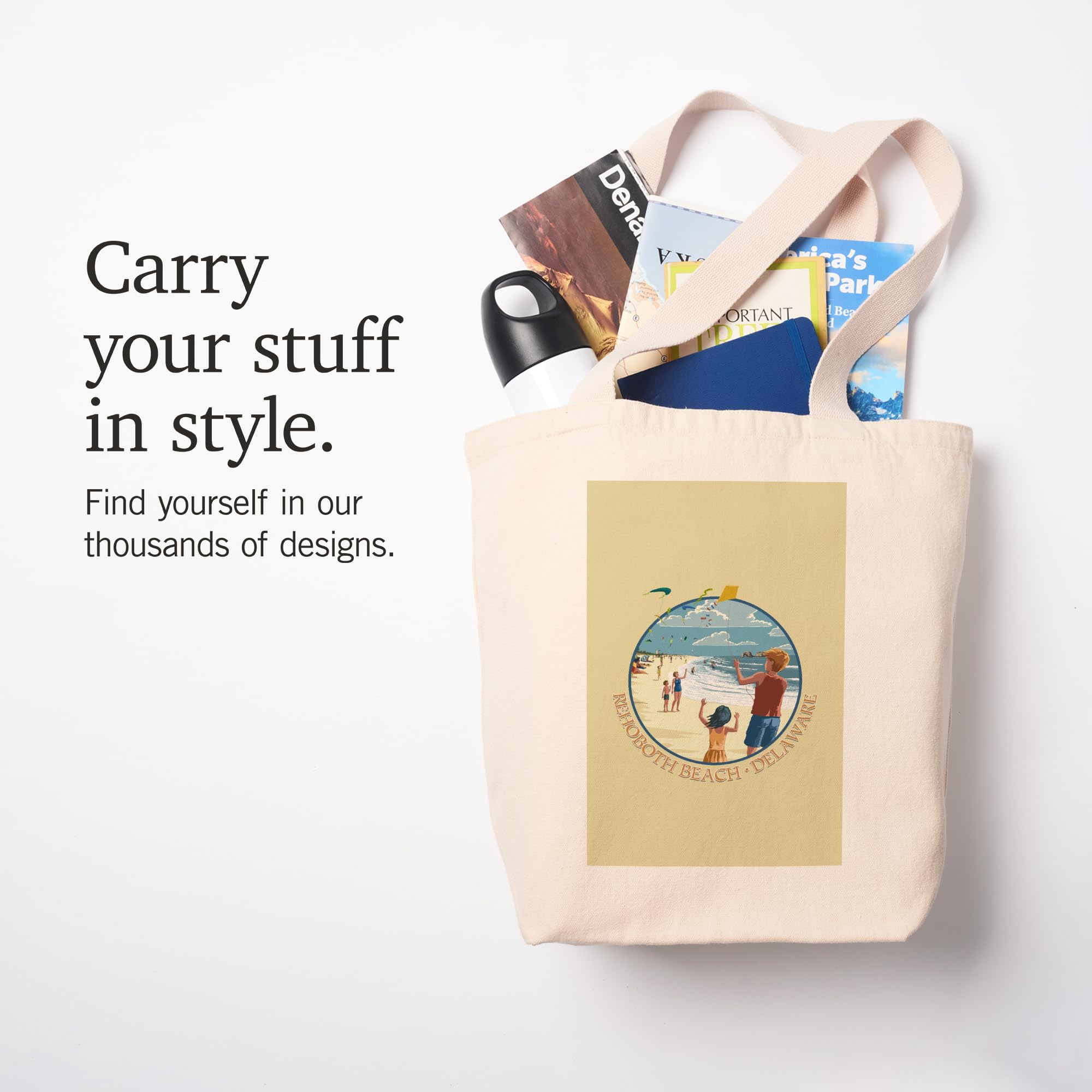 Lantern Press Rehoboth Beach Delaware Kite Flyers - 100% Cotton Canvas Reusable Tote Bag for Shopping, Beach Trips & Everyday Use