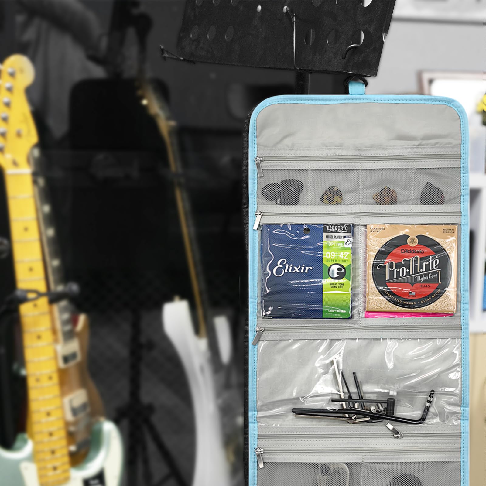 **Foldable Guitar Accessory Organizer Bag with Pockets - Holds Picks, Strap, Capo & Strings - Portable Storage Case (Blue) - Perfect for Travel, Practice & Gig Storage**