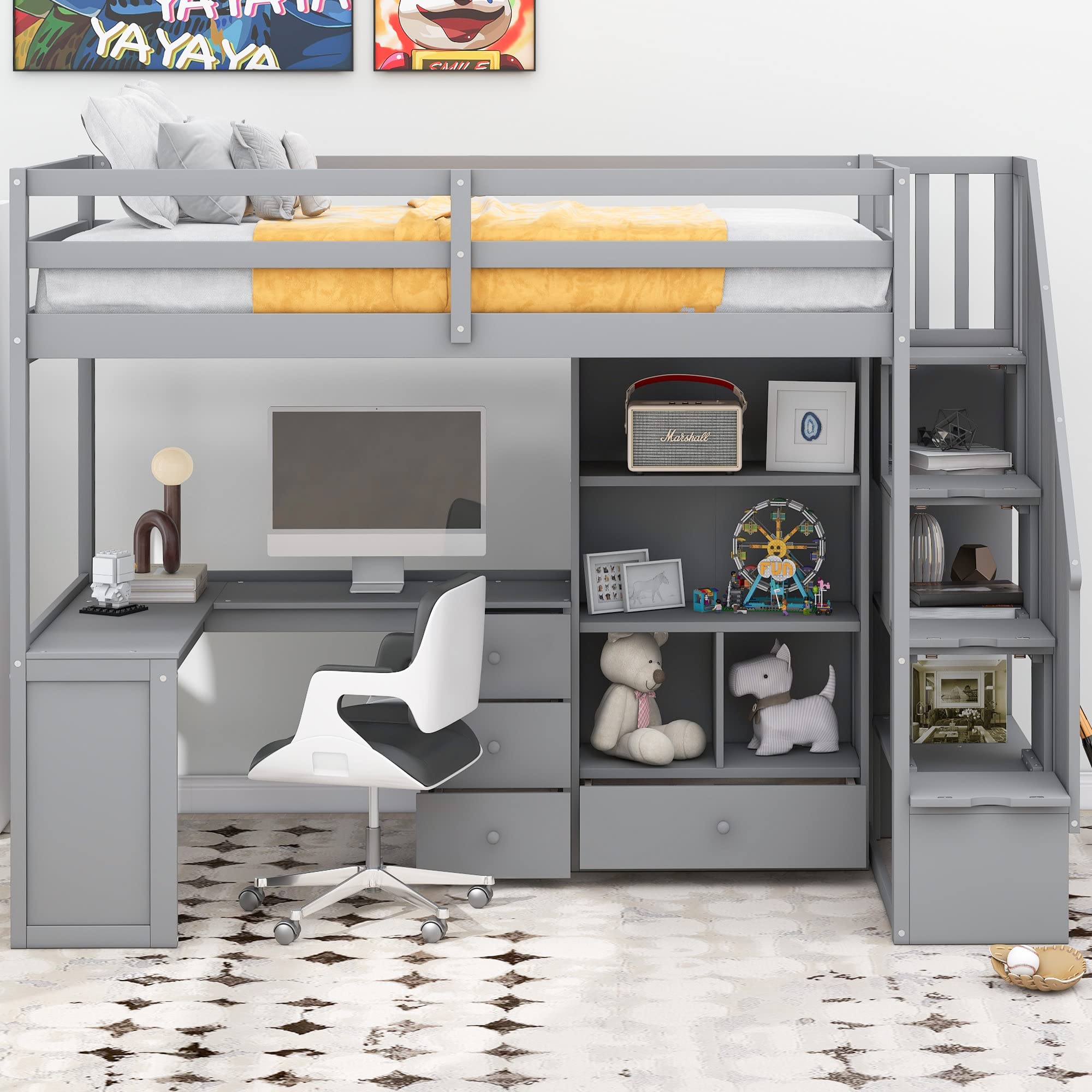 HABITRIO Twin Size Loft Bed with L-Shaped Desk, Storage Staircase & Drawers - Space Saving Study Bed with Cabinet & Shelves for Small Rooms, Grey - Perfect for Kids & Teens Bedroom, Dorm Room or Studio Apartment
