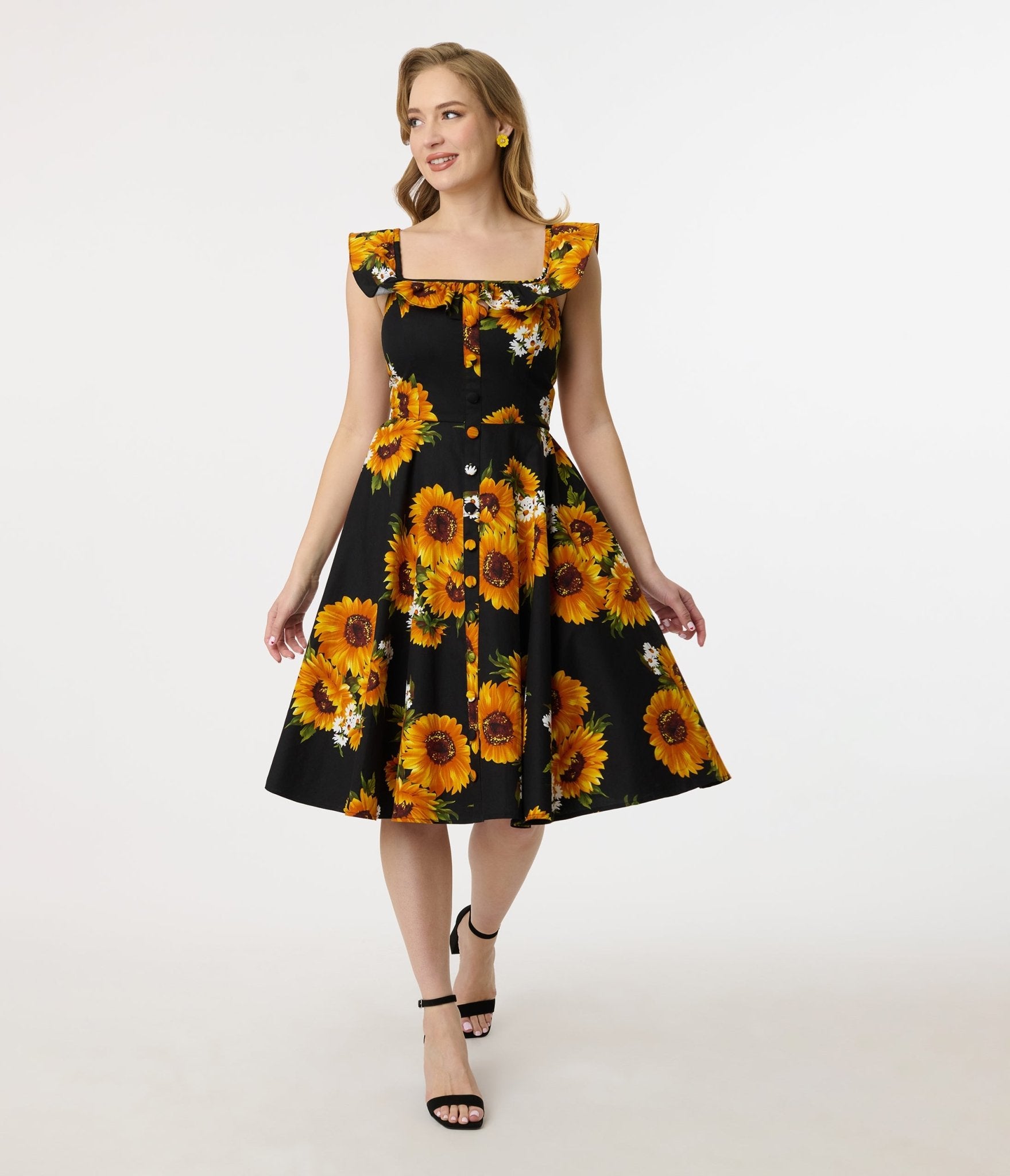Magnolia Place Sunflower Print Barbara Swing Dress - Flowy Summer Dress for Women, Casual Boho Maxi Dress with Pockets | Perfect for Beach, Vacation, and Outdoor Events