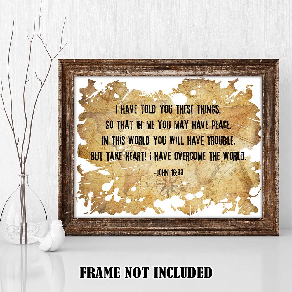 Inspiring John 16:33 Bible Verse Wall Art - 11x14 Christian Scripture Print with Compass Design - Perfect for Home Decor, Church Gifts & Spiritual Encouragement - Ideal for Birthdays, Housewarming & Faith-Based Gifts
