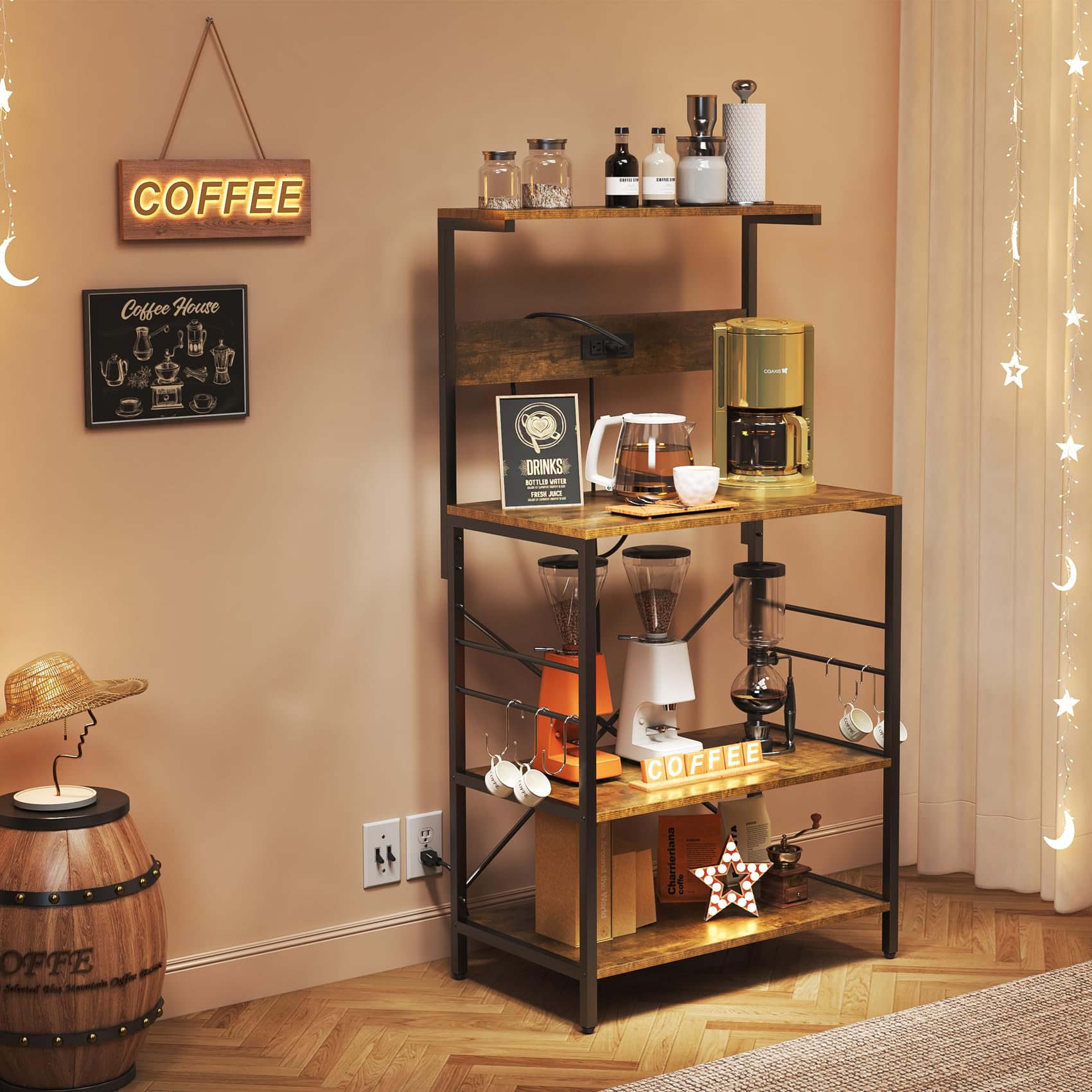 TC-HOMENY 3-Tier Bakers Rack with Power Outlet & 5 S-Hooks - Rustic Brown Kitchen Storage Shelf, Microwave Stand & Coffee Station Organizer | Perfect for Small Kitchens, Pantry Organization & Dining Room Storage