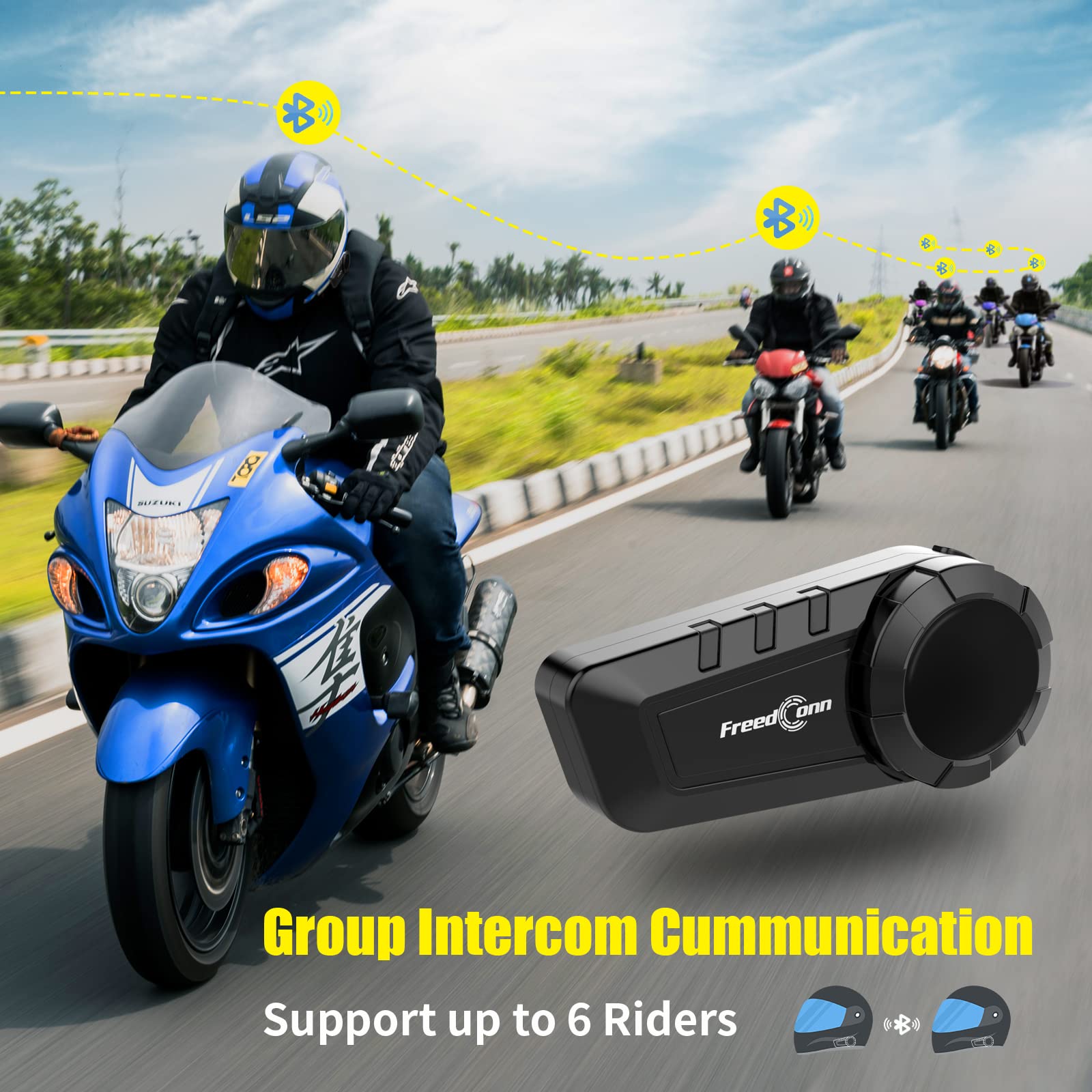 FreedConn KY PRO Motorcycle Bluetooth Headset - Bluetooth 5.0 Helmet Communication System for 6 Riders, 1200m Range, with GPS, HD Speakers, Noise-Canceling Mic, Stereo Music & Waterproof - Perfect for Group Riding, Touring & Adventure Motorcycles