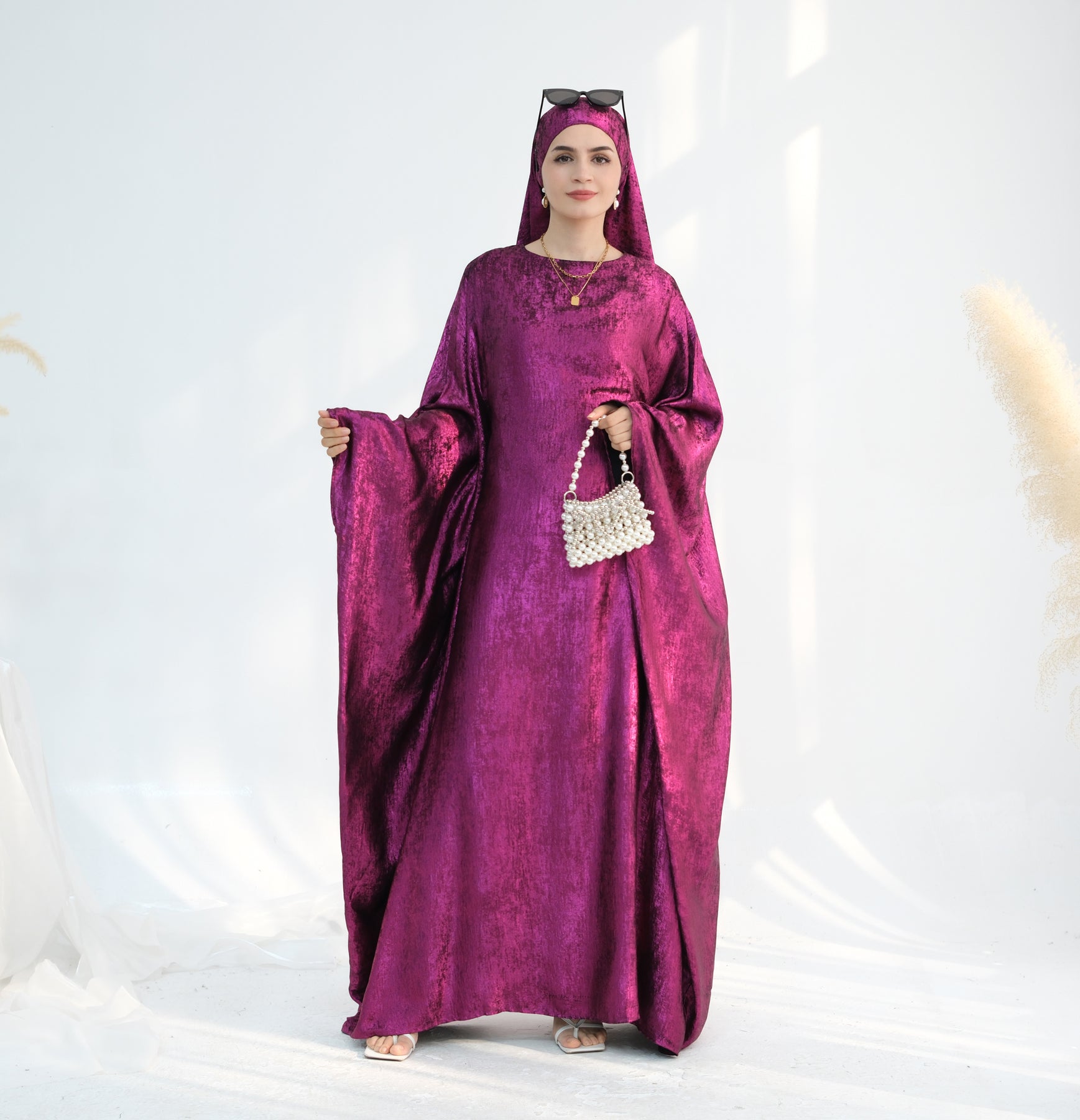 Linora Shimmer Butterfly Abaya - Elegant Magenta Islamic Dress for Women | Perfect for Eid, Prayer, and Special Occasions