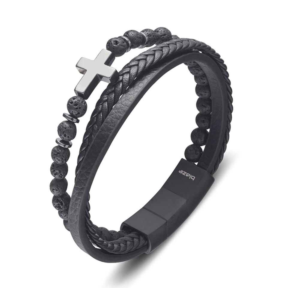 Achilles Cross Men's Leather Bracelet Black - Stylish & Durable Leather Wristband for Casual Wear, Gifts & Everyday Fashion Accessories