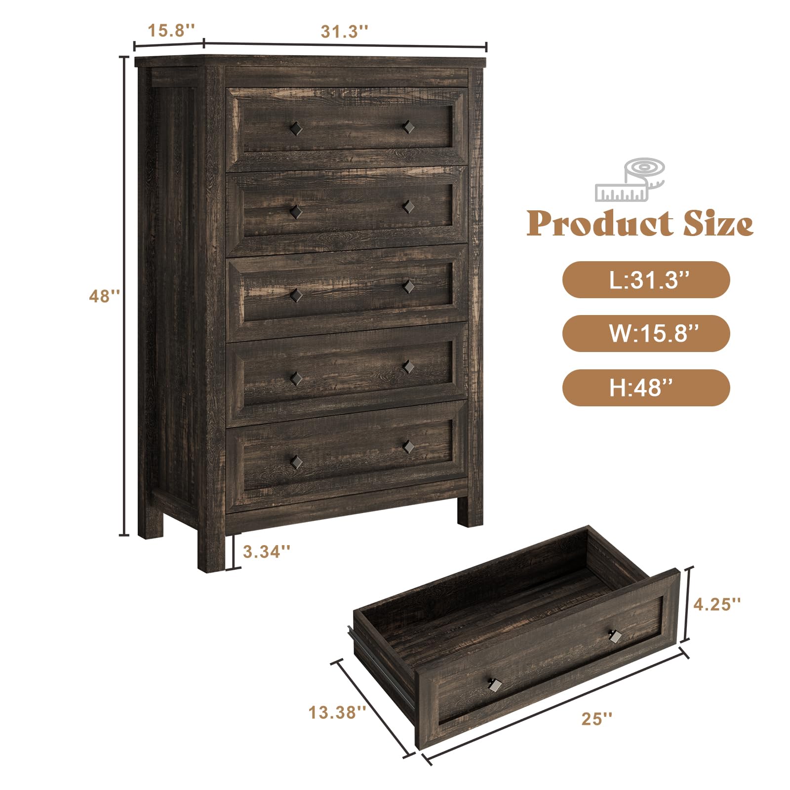 AMERLIFE Queen Bed Frame with LED Bookcase Headboard & 4 Under-Bed Drawers, 2-Piece Bedroom Set with Tall 5-Drawer Farmhouse Dresser, Dark Oak - Perfect for Modern Farmhouse, Apartment & Guest Room Decor