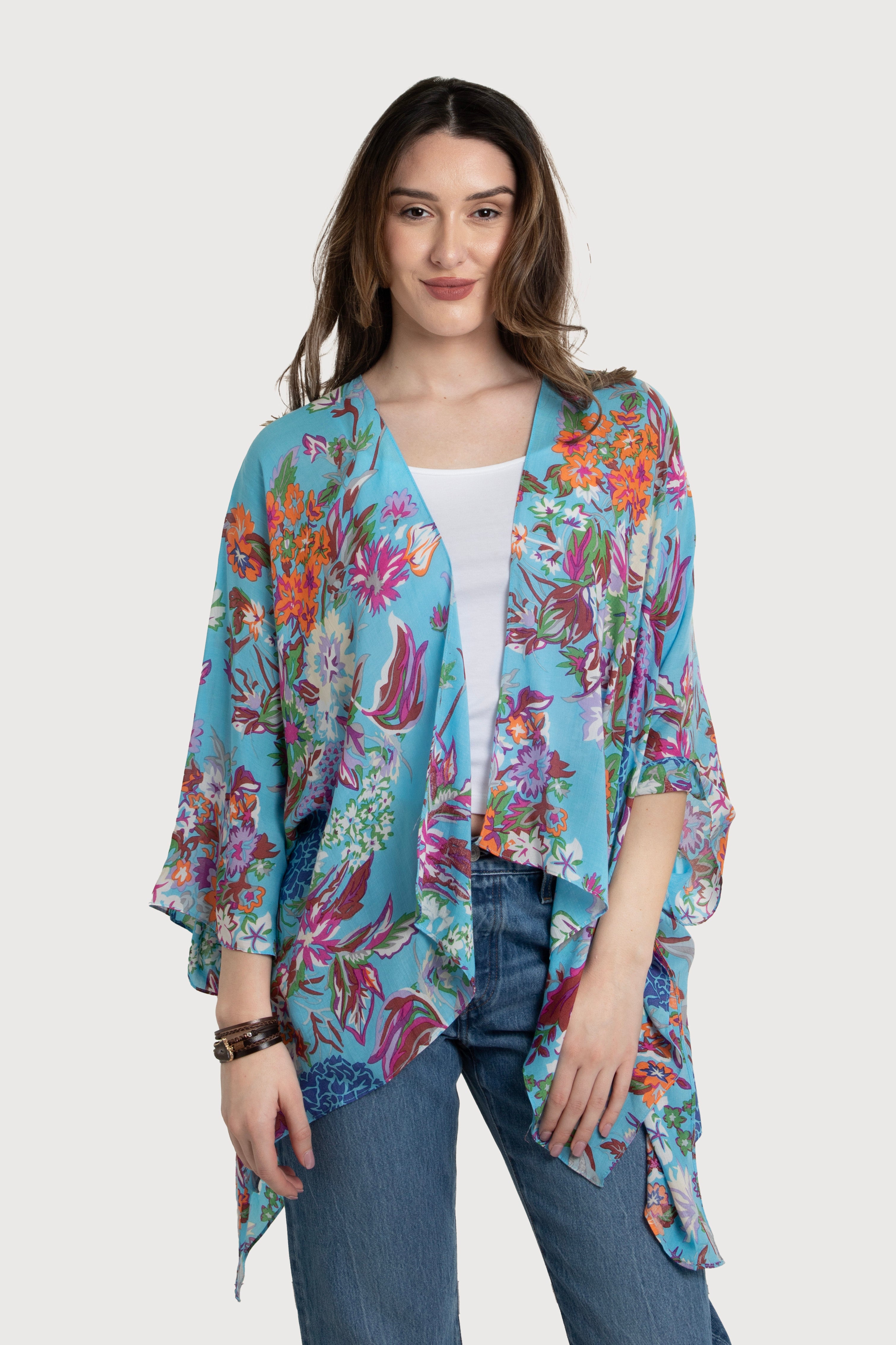 Lightweight Floral Kimono Short - Women's Summer Cover Up Beachwear for Vacation, Pool Party & Boho Outfits