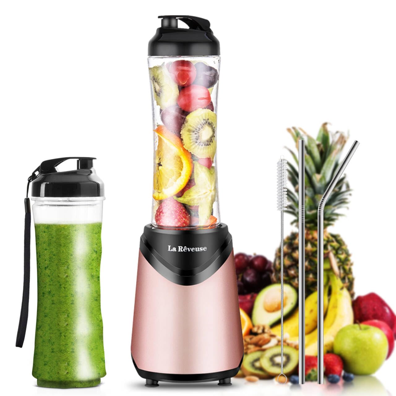 La Reveuse 300W Personal Smoothie Blender with 2 BPA-Free 18oz Travel Sports Bottles - Pink | Compact Blender for Protein Shakes, Meal Prep & On-the-Go Smoothies | Perfect for Gym, Office & Home Use