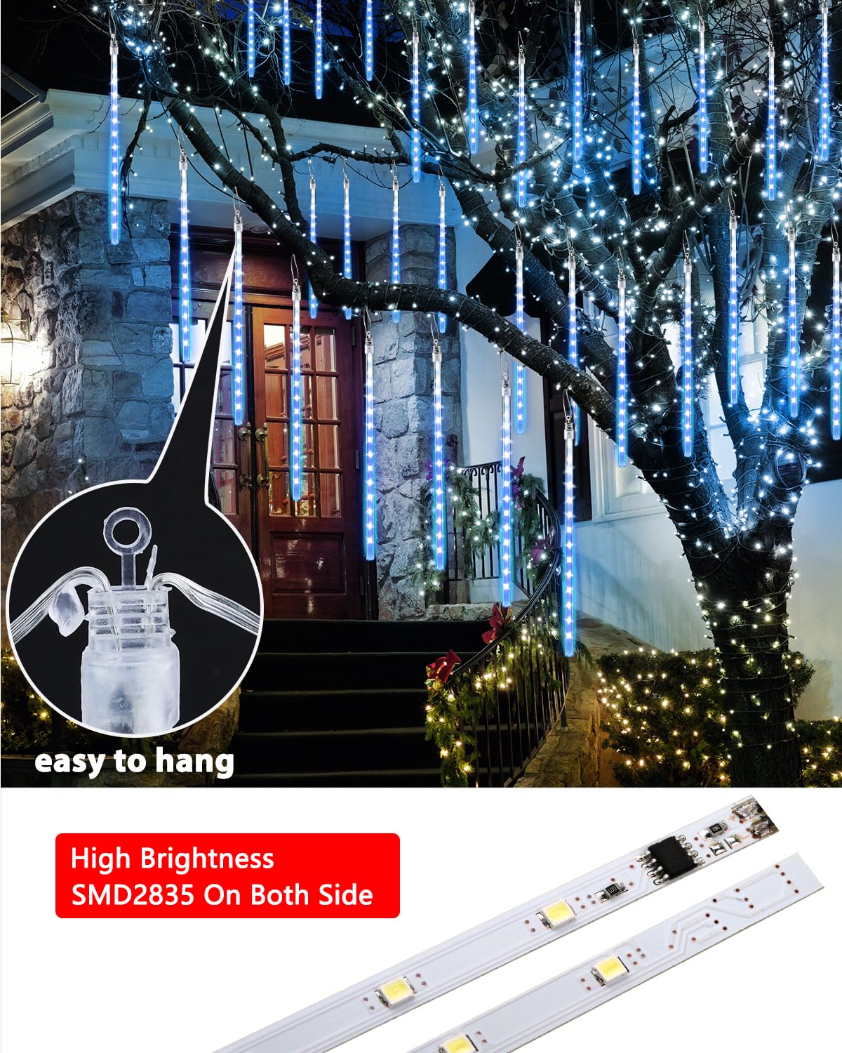 Joomer 11.8 Inch 240 LED Christmas Meteor Shower Lights - 10 Tube Waterproof Outdoor Snowfall Icicle Cascading Lights with Timer & Connectable Design | Perfect for Holiday Decorations, Winter Weddings, and Outdoor Party Lighting (Blue)