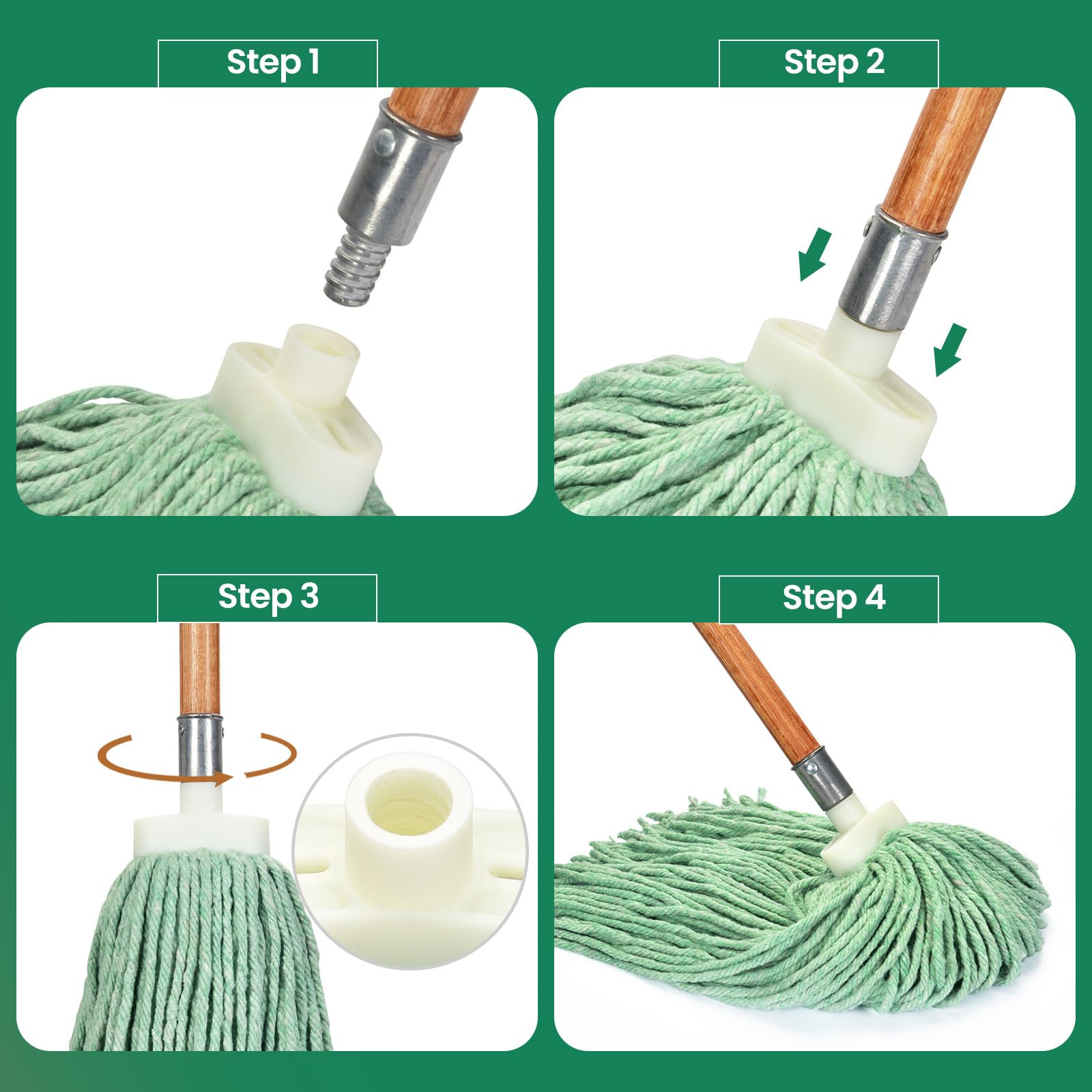 Heavy Duty Cotton Wet Mop Heads (3-Pack) with Microfiber Cloths - for Home & Commercial Cleaning