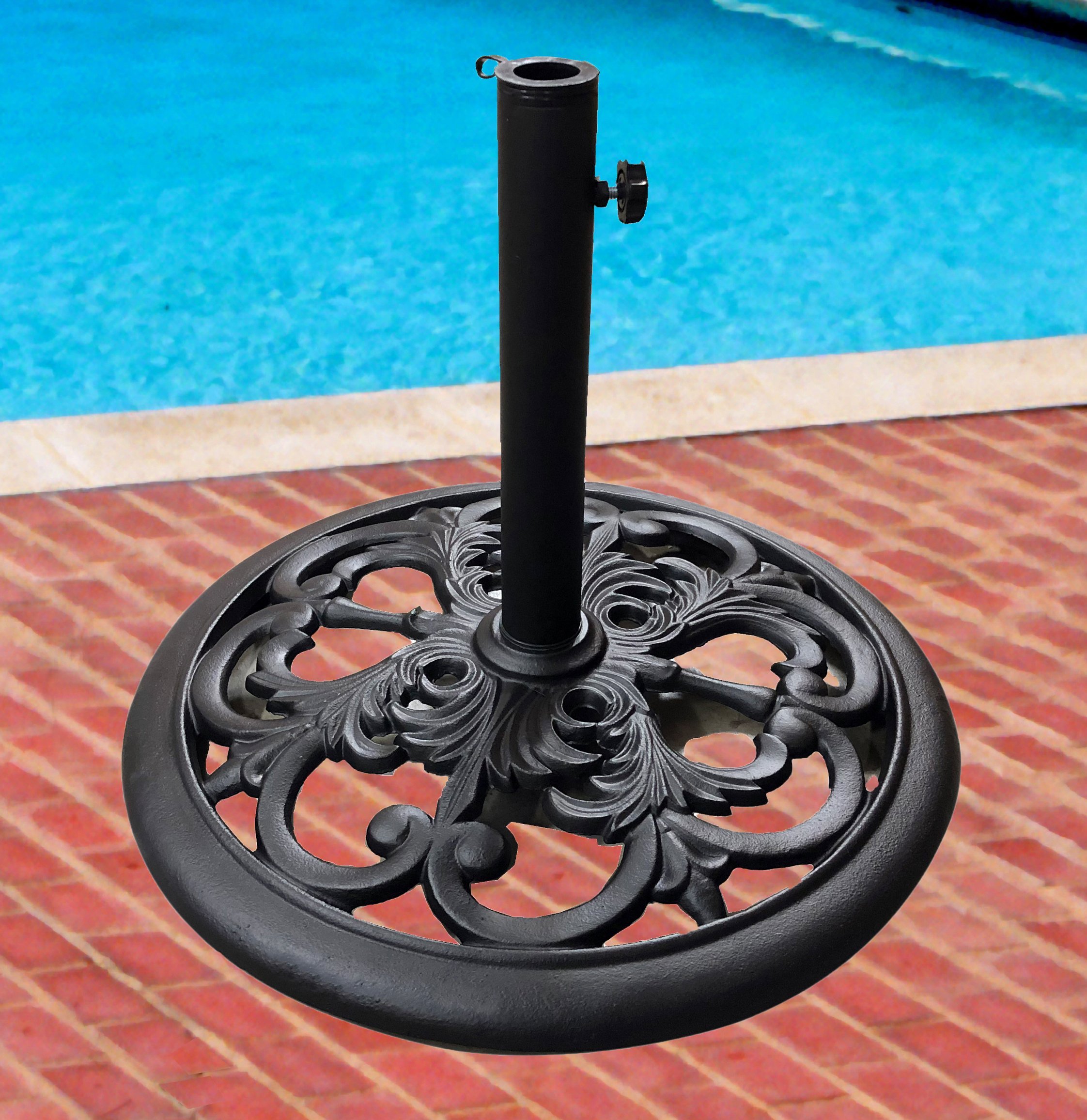 30 Pound Black Powder Coated Cast Iron Umbrella Stand - Heavy Duty Outdoor Patio Decor for Garden, Poolside & Porch Use
