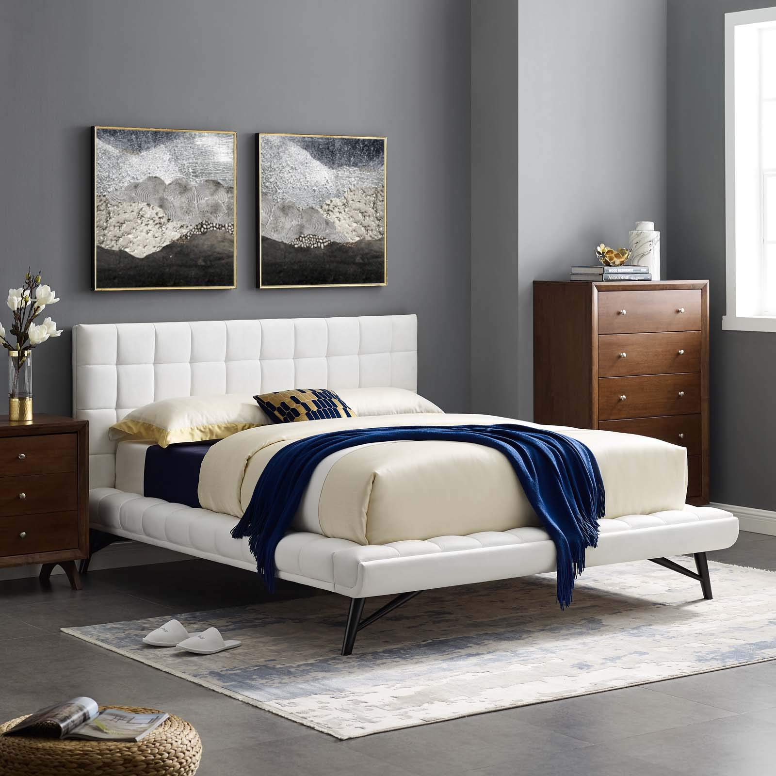 Modway Julia Mid-Century Queen Platform Bed - White Velvet Upholstered with Biscuit Tufting & Performance Fabric | Modern Bedroom Furniture for Small Spaces & Guest Rooms