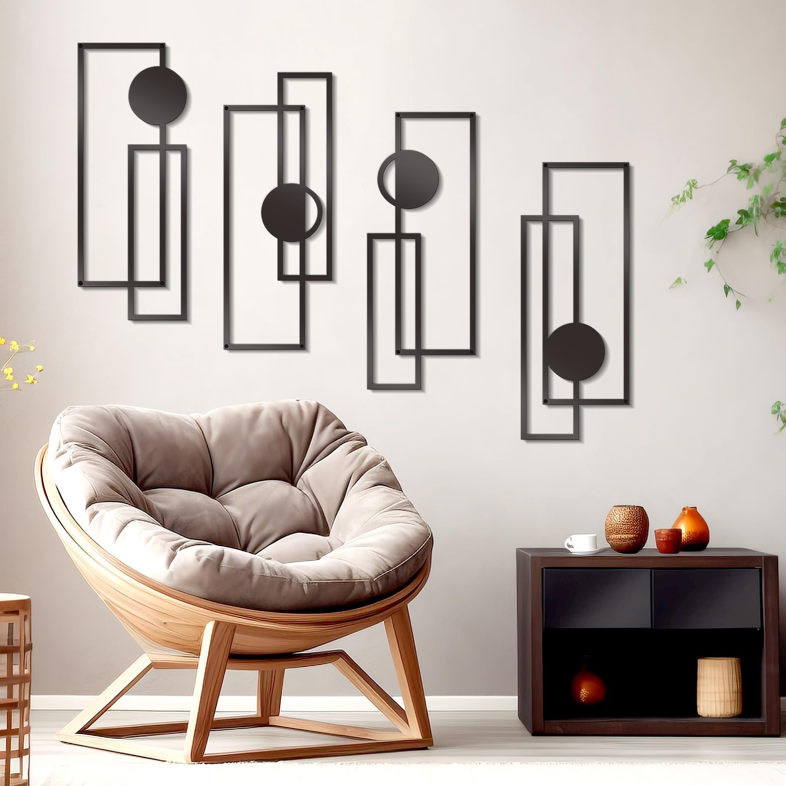 Zzbakress 4-Piece Large Black Abstract Metal Wall Art Set - Minimalist Geometric Wall Decor for Living Room, Bedroom, Study, Bathroom & Kitchen - Modern Single Line Art for Home & Office Decor