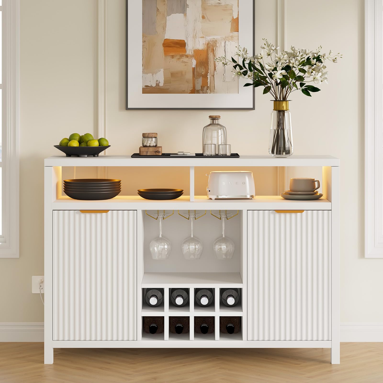 Modern White Fluted Home Bar Wine Cabinet with LED Lights & USB Charging Station - 47.2