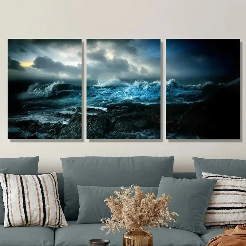 3-Piece Deep Blue Ocean Waves at Night Metal Wall Art - Ready to Hang Home Decor for Living Room, Bedroom & Office
