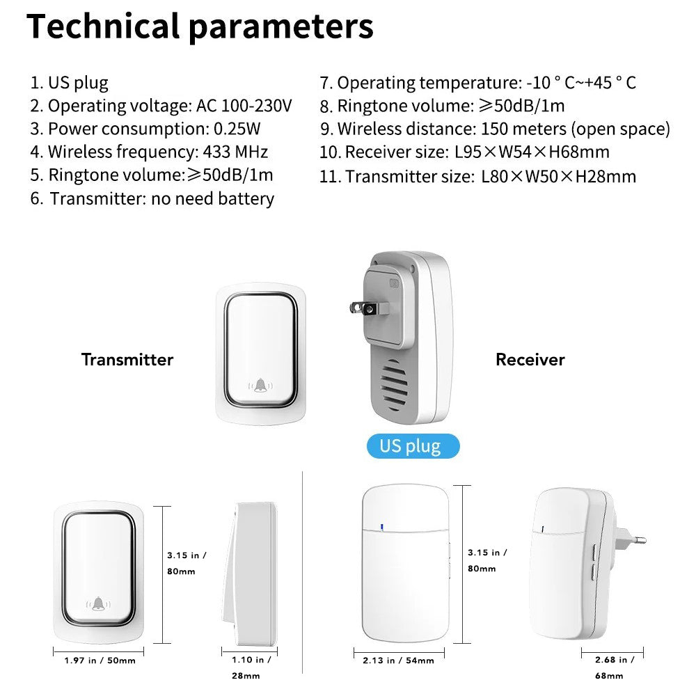Wireless Self-Powered Doorbell - No Battery Required, Waterproof, Kinetic Energy Chime for Home & Outdoor Security - Perfect for Apartments, Houses, and Office Buildings