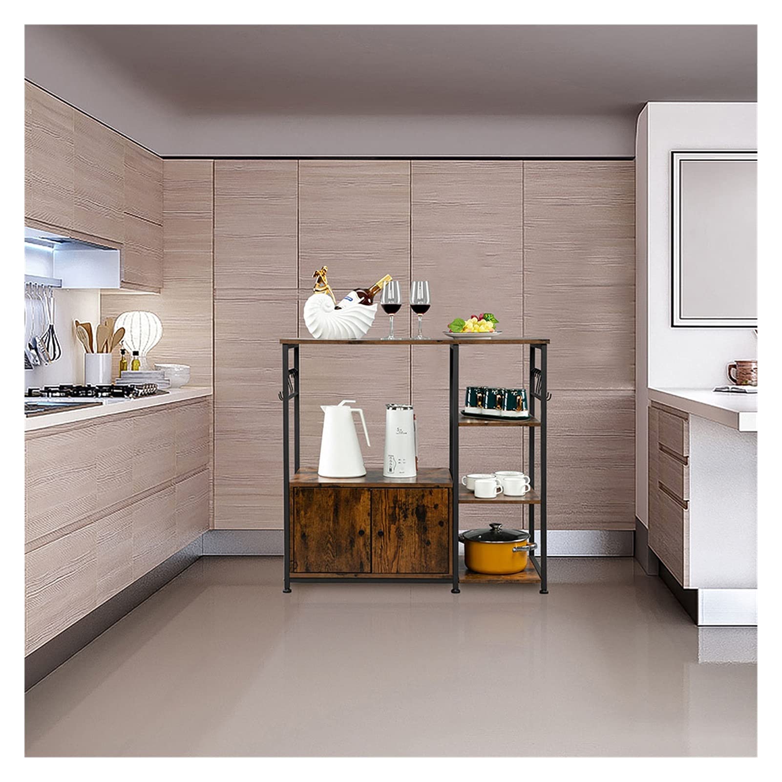 4-Tier Microwave Storage Rack with Cabinet & 8 Hooks - Space-Saving Kitchen Organizer for Baking Supplies & Utensils - Perfect for Small Kitchens, Apartments & Dorm Rooms