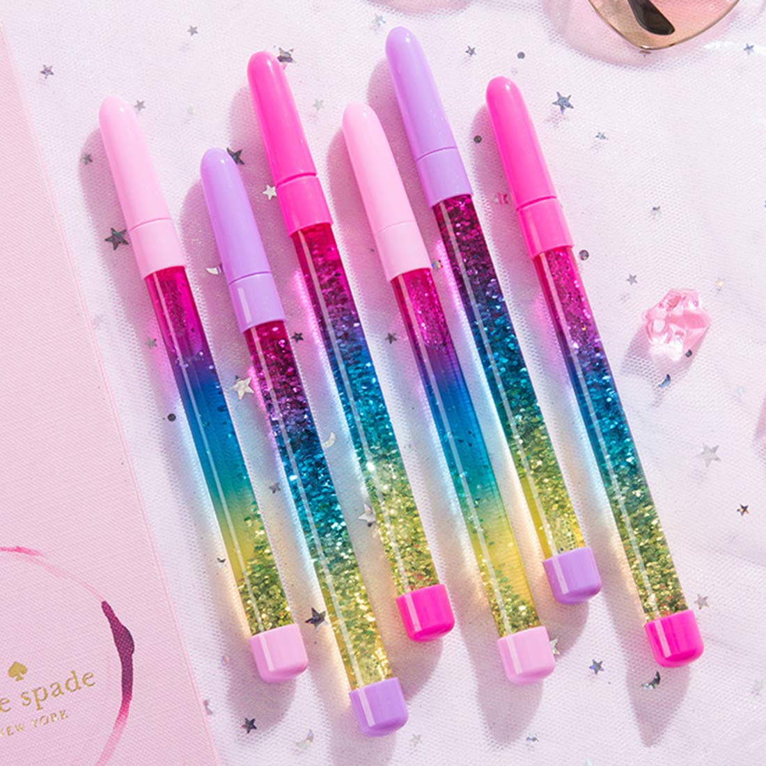 4 Pack Bling Rainbow Liquid Sand Gel Ink Pens - Glitter Fairy Stick Ballpoint Crystal Rollerball Pens for Kids Girls, Students, Office & School Supplies - Perfect for Note Taking, Journaling, Gift Giving & Creative Writing (Blue Ink)