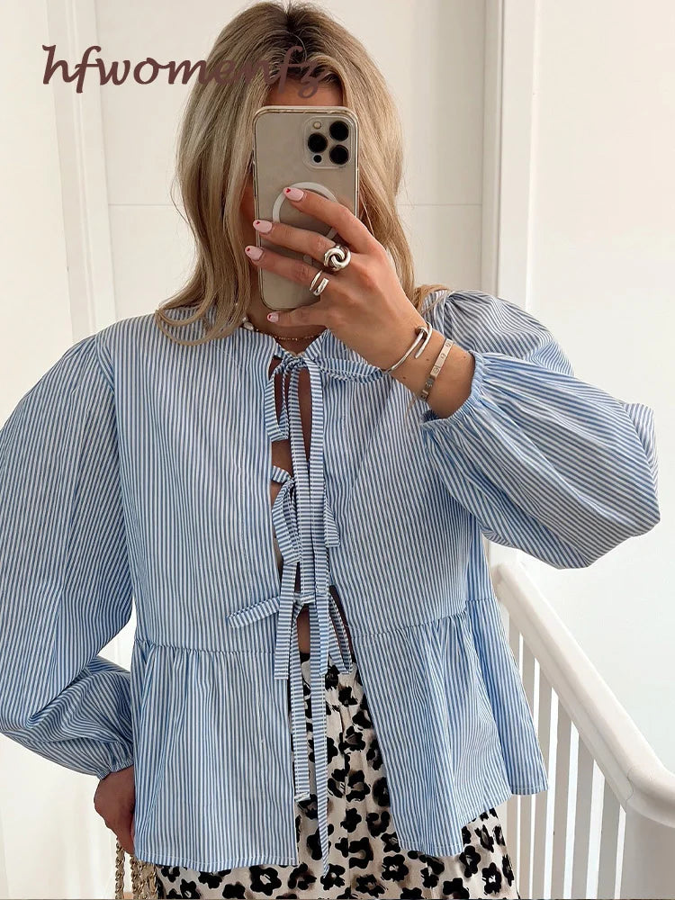 Elegant Striped Lace-Up Women's Blouse with Chic Bow & Puff Sleeves - O-Neck Hollow Out Design for Spring Summer Casual Wear | Perfect for Street Style, Office Outfits & Date Night Looks