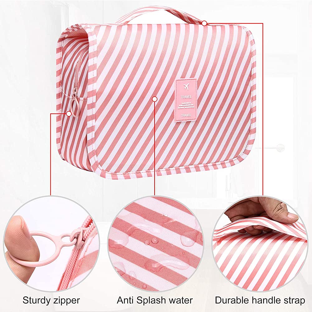 Premium Hanging Toiletry Bag for Women - Waterproof Travel Makeup Organizer with Hook, Cosmetic & Shower Bag for Bathroom Essentials (Pink Stripes) | Ideal for Travel, Gym, Camping & Daily Use