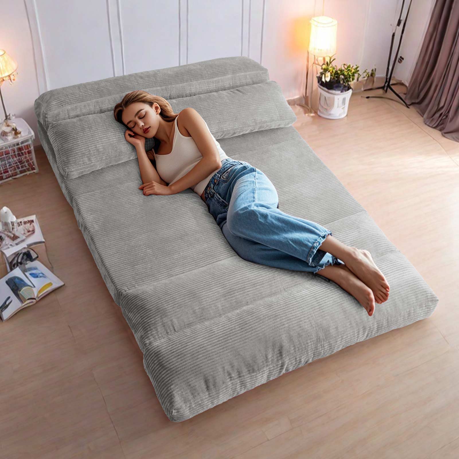 MAXYOYO Folding Sofa Bed - Corduroy Convertible Floor Mattress for Small Spaces, Light Gray | Perfect for Guest Rooms, Apartments & Studio Living