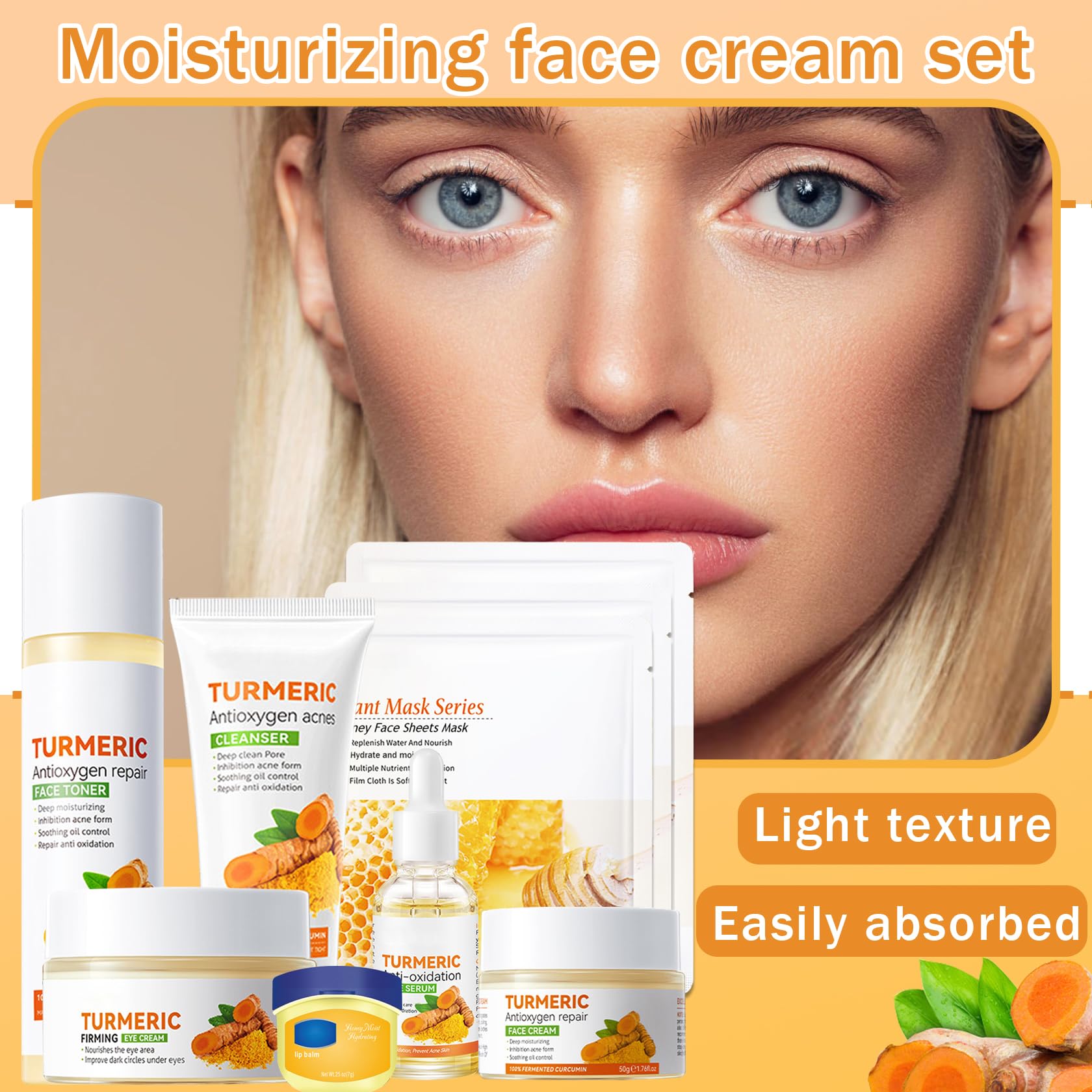 9-Piece Turmeric Skincare Set - Moisturizing Facial Cleanser, Toner, Serum, Face Cream, Eye Cream, Travel Lip Balm & 3 Sheet Masks | Brightening & Hydrating Routine for Glowing Skin | Perfect for Travel, Daily Care & Spa Nights