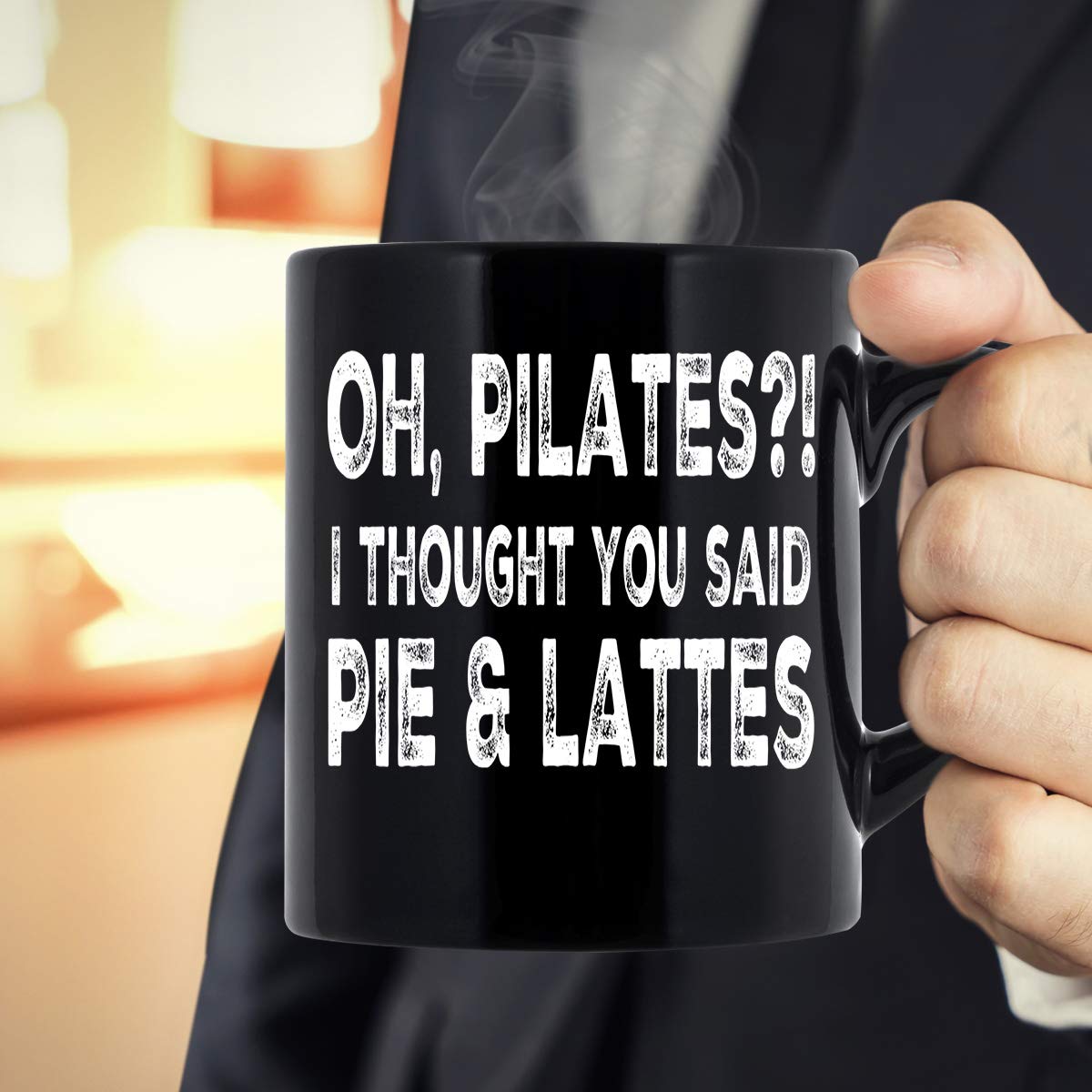 Funny Pilates Coffee Mug - Pie & Lattes Joke 11oz Black Cup for Yoga Lovers