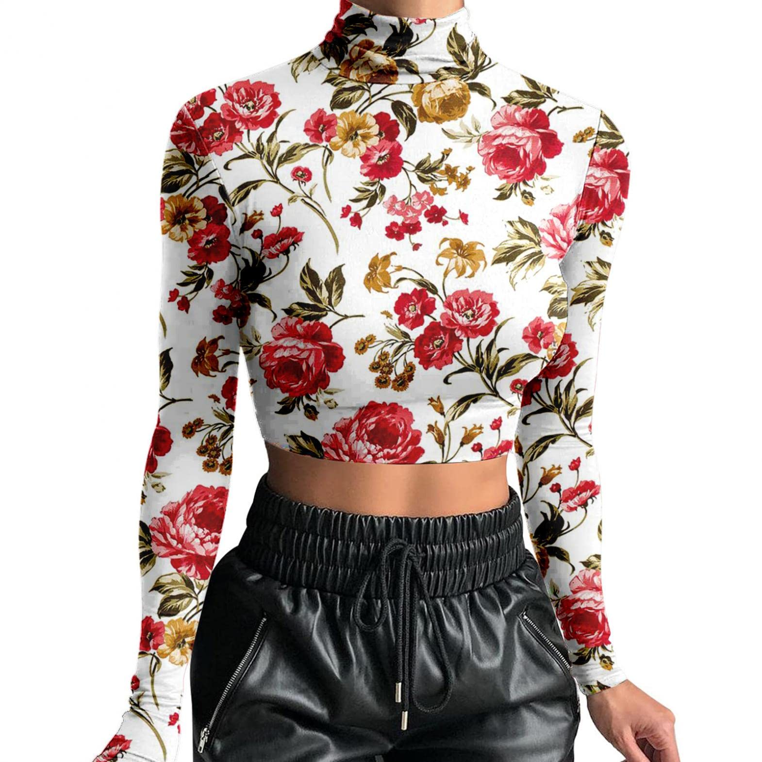 Women's Slim Fit Turtleneck Crop Top - Sexy Long Sleeve Basic Tunic Shirt with Fashion Print | Perfect for Casual Wear, Date Night & Layering Outfits