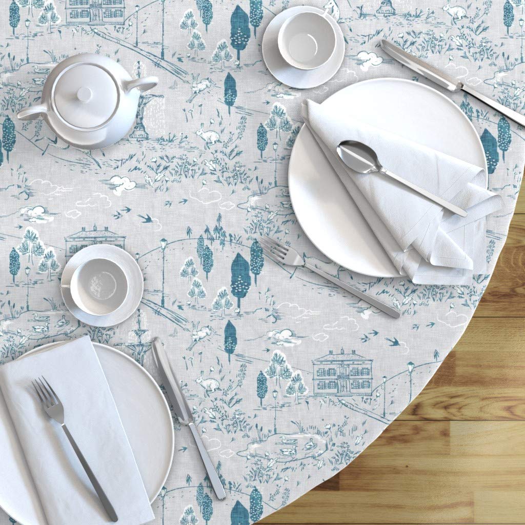Custom Blue Toile French Country Deer Rabbit Woodland Print Cotton Sateen Tablecloth 70