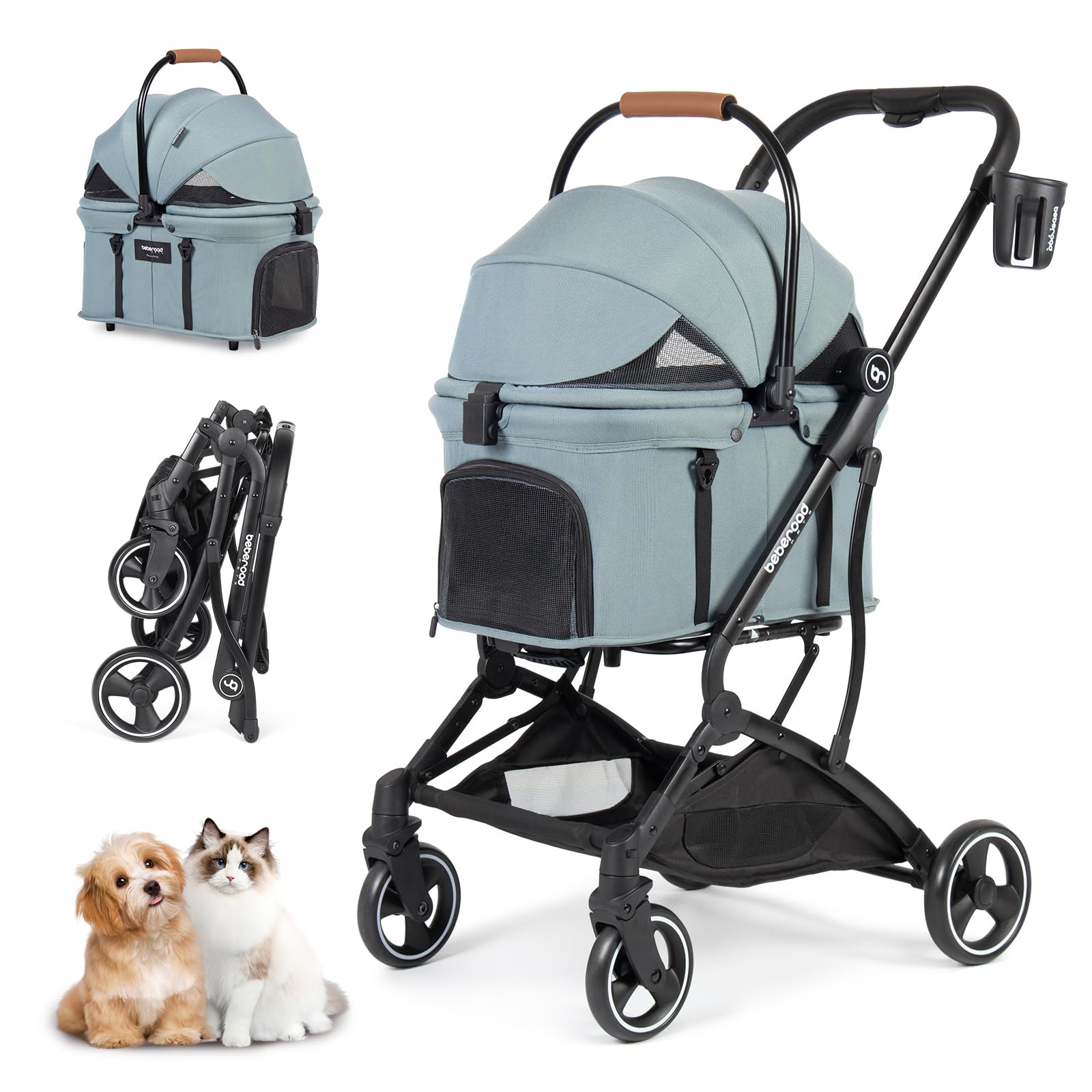 T3 3-in-1 Small Pet Stroller for Dogs & Cats - 4-Wheel Lightweight Folding Design with Removable Carrier, Cushioned Pad, Canopy & Cup Holder - Perfect for Park Walks, Vet Visits & Shopping Trips (Green)