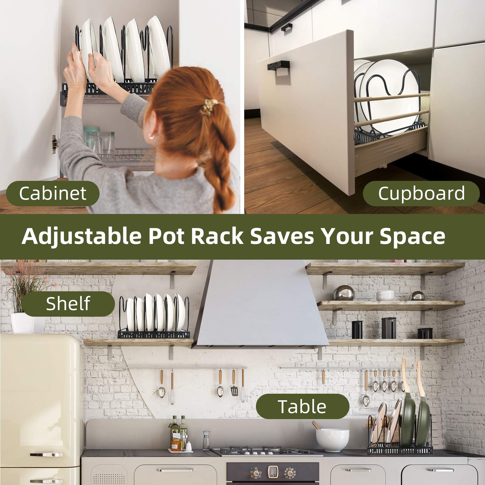 Expandable ROOHUA Pot and Pan Organizer - 10 Adjustable Compartments Lid Holder for Kitchen Cabinet Storage | Perfect for Cookware, Baking & Frying Utensils Organization in Small Spaces