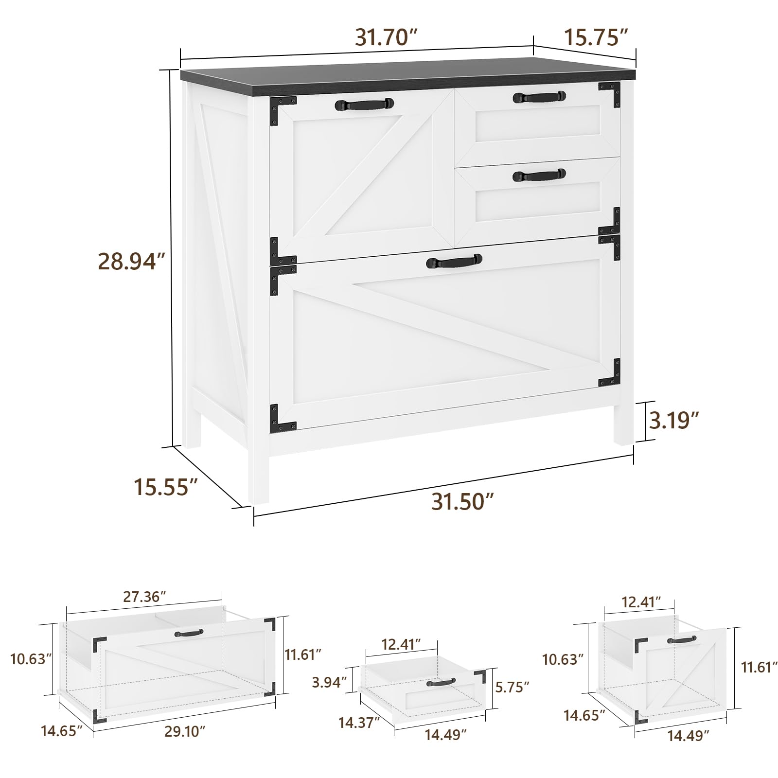 4-Drawer Farmhouse Lateral File Cabinet for Letter/Legal/A4 Files - Wooden Office Storage Cabinet with Hanging File System, Printer Stand for Home & Office (White/Black) - Perfect for Document Organization & Workspace Storage