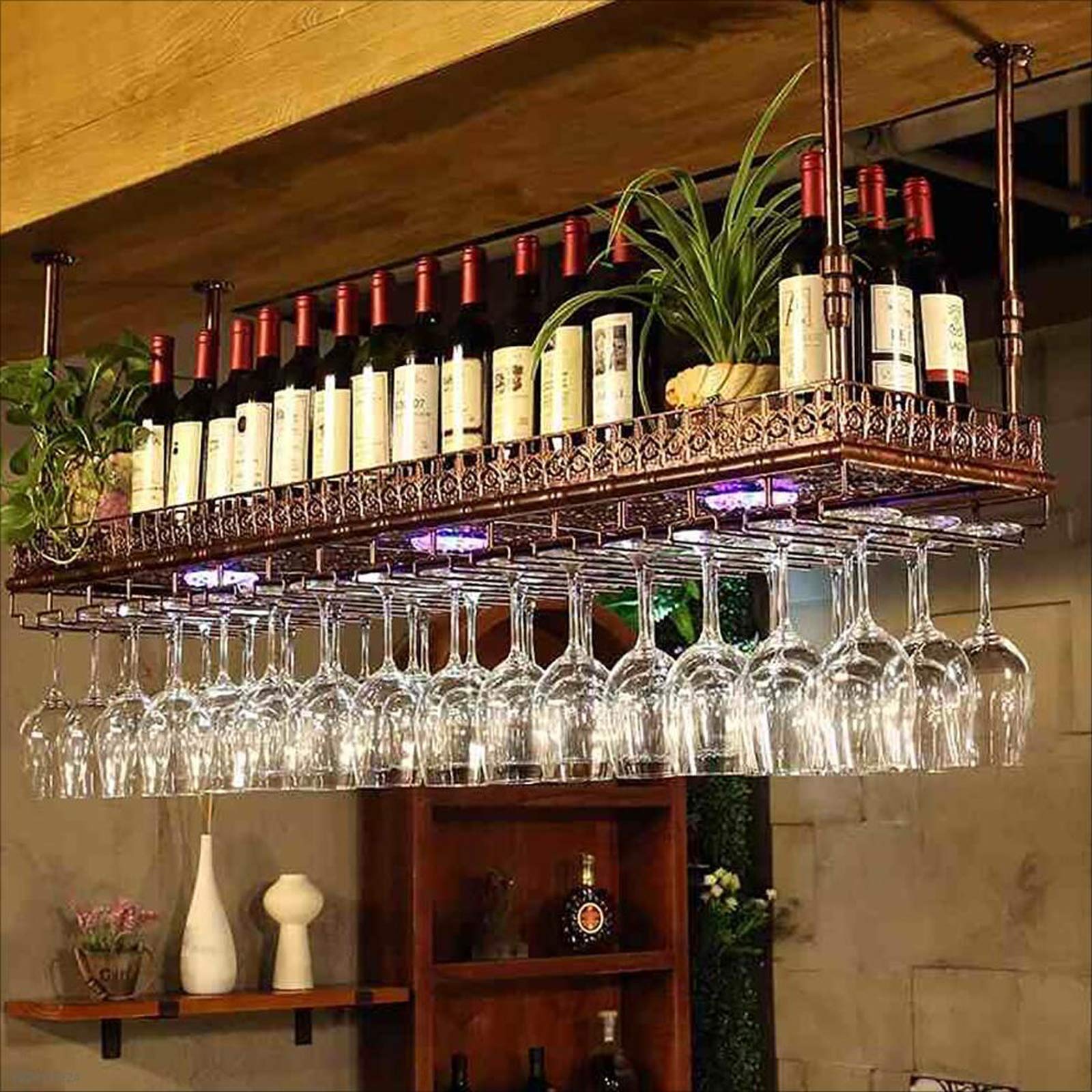 Industrial Retro Metal Wine Glass Hanging Rack - Adjustable Ceiling Mount Floating Shelf for Bars, Restaurants & Kitchens | Vintage Bronze Wine Storage (60x35cm) - Perfect for Home Decor & Commercial Spaces