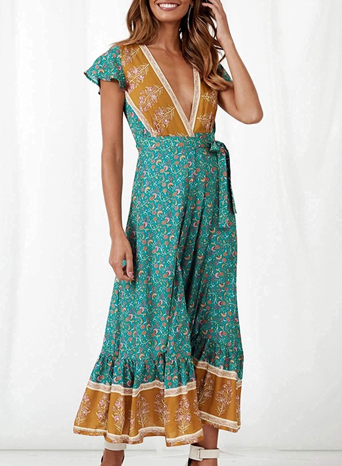 ZESICA Women's 2025 Bohemian Floral Print Wrap V-Neck Short Sleeve Split Maxi Dress for Beach Party, Summer Vacation, and Casual Outings