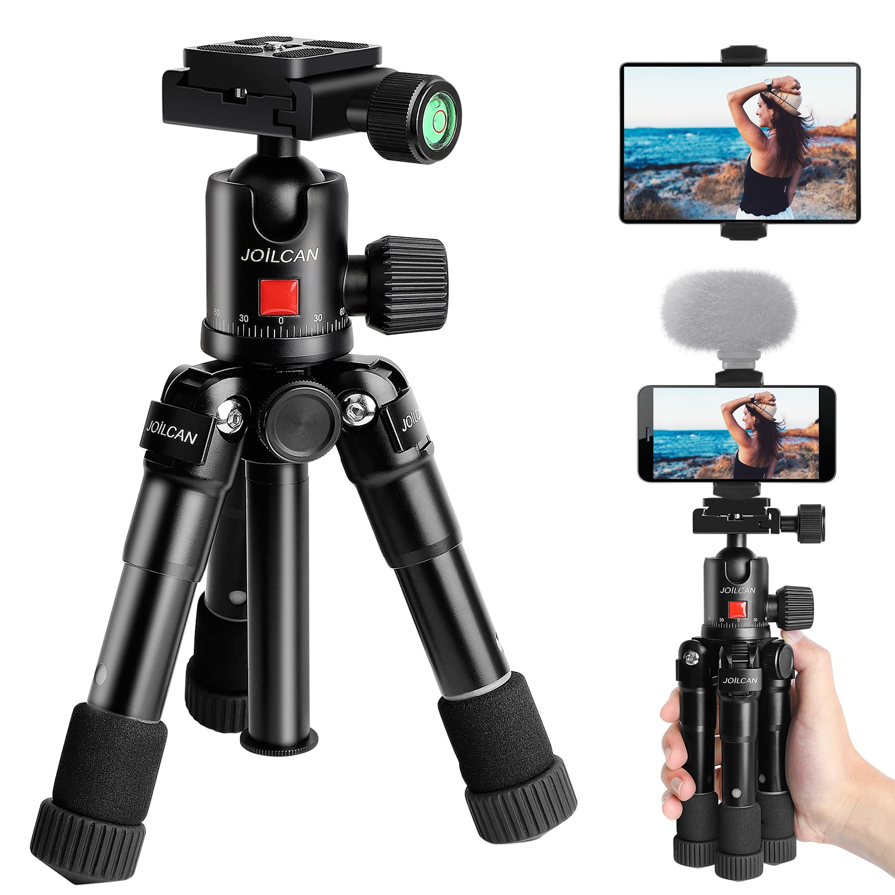 JOILCAN 20in Aluminum Tabletop Tripod - Compact Portable Mini Tripod for DSLR Cameras, Smartphones & Tablets - 360° Ball Head & Phone Mount - Supports Up to 15 lbs - Perfect for Travel, Vlogging & Home Photography (H20 Black)