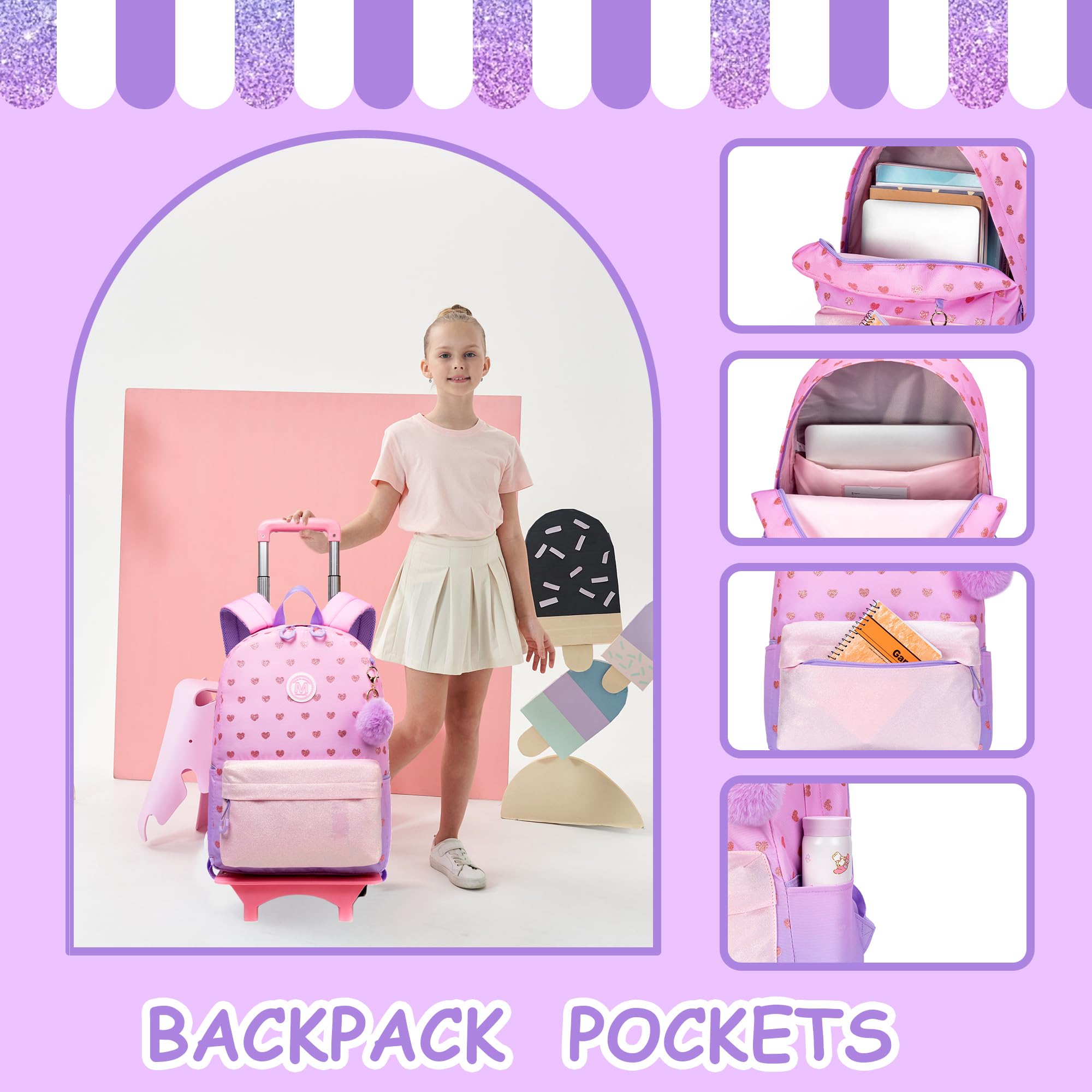 HTgroce 16 Inch Rolling Backpack for Kids - School Trolley Backpack with Lunch Bag & Storage Case | Durable Elementary School Backpack for Travel, Commuting & Daily Use