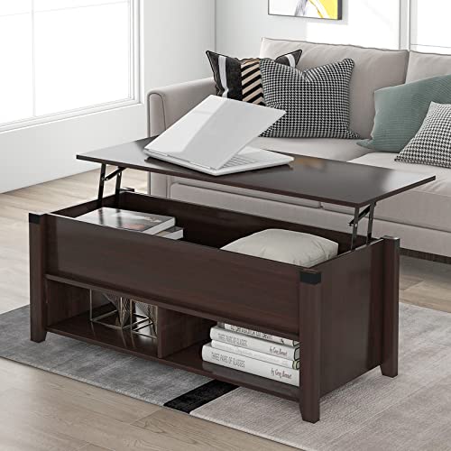 Lift Top Coffee Table with Drawer & Shelf - Brown Wood for Living Room