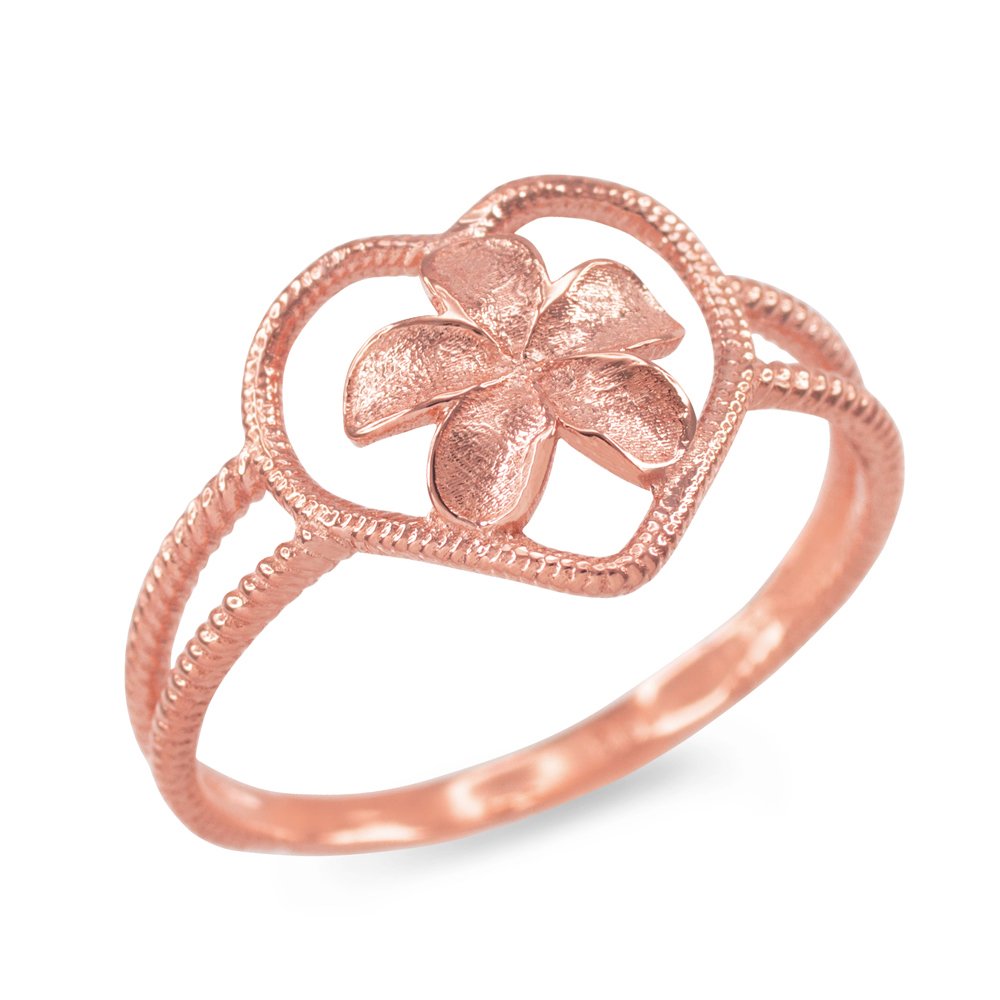 10k Rose Gold Plumeria Flower Heart Ring Rope Band - Elegant Hawaiian Jewelry for Women, Perfect for Beach Weddings, Tropical Vacations & Summer Fashion