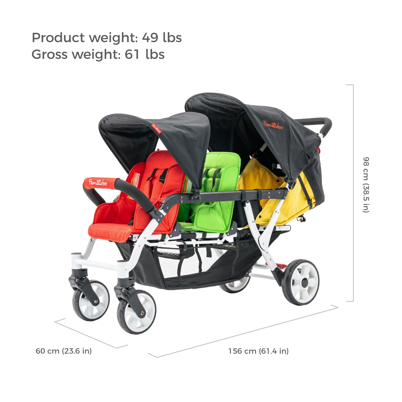 Familidoo H3E 3 Seat Baby Stroller - Lightweight Tandem Triple Stroller for Daycare with 5-Point Safety Harness - Adjustable Reclining Seats for Infants & Toddlers 0-3 Years - Compact Foldable Design - Perfect for Shopping, Travel & Family Outings