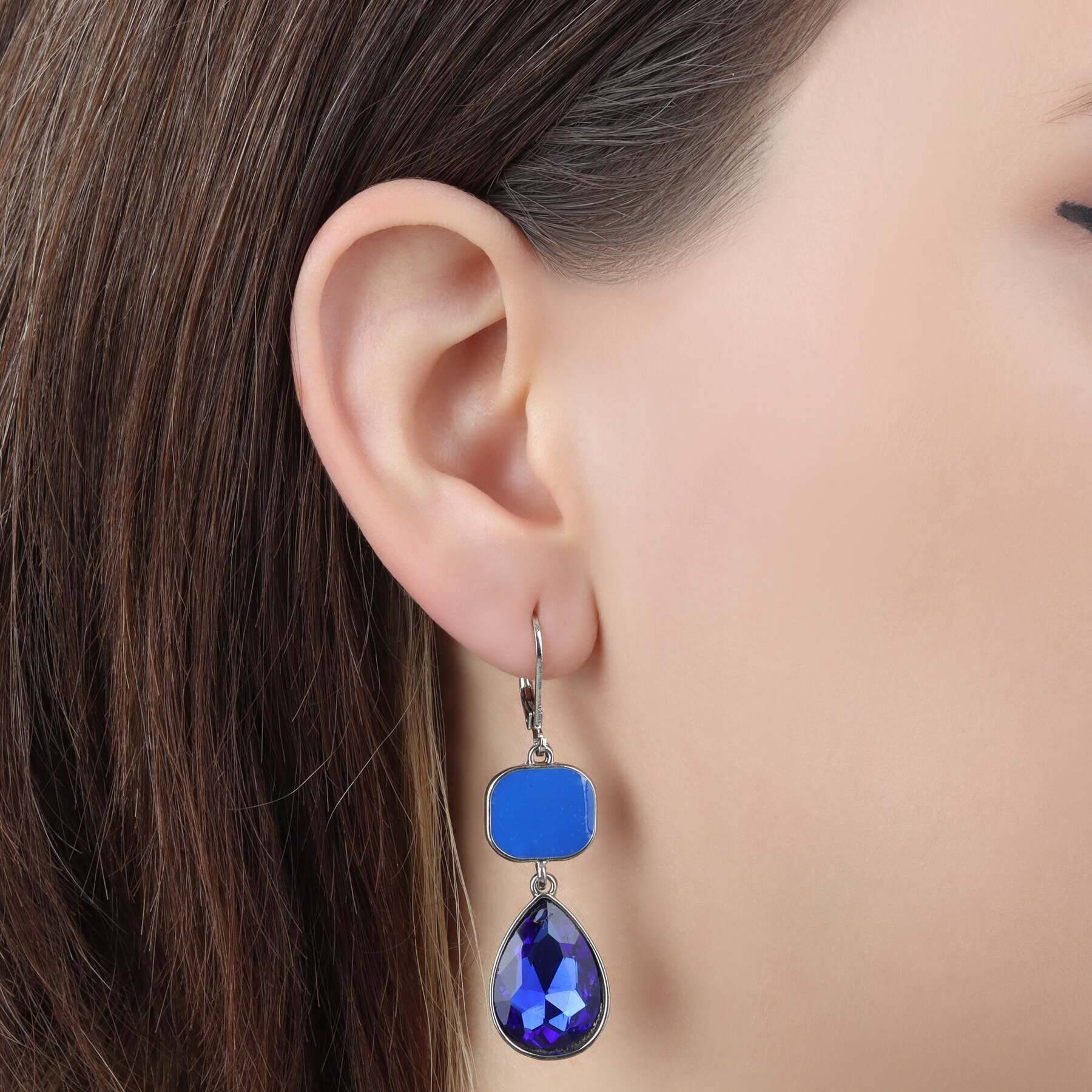 Vintage 1928 Jewelry Mid Century Inspired Square & Teardrop Blue Sapphire Dangling Earrings for Women - Elegant Statement Earrings for Parties, Weddings & Special Occasions